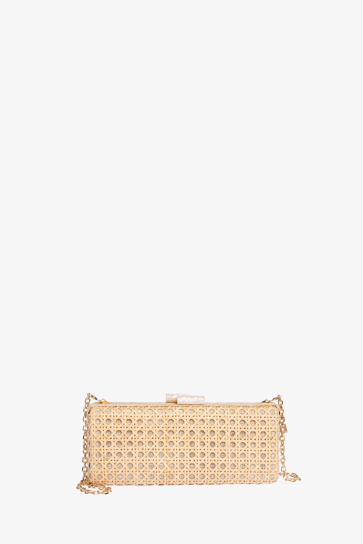 The Alessandra Rattan Long Clutch is a rectangular beige woven purse featuring a gold chain strap and clasp closure, shown against a plain white background.