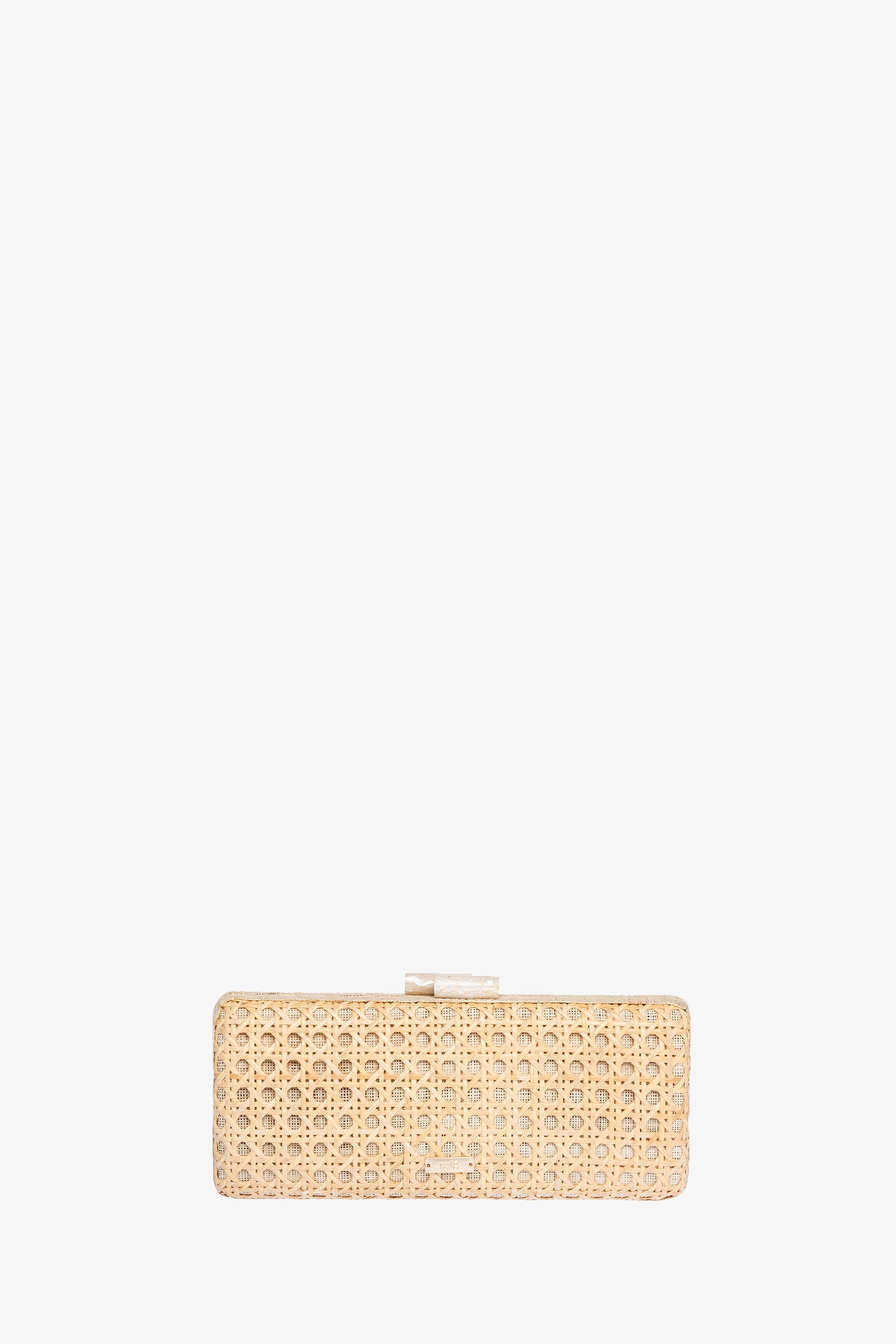 The Alessandra Rattan Long Clutch is a rectangular beige bag with a woven rattan texture and a small rectangular top clasp, shown on a plain white background.