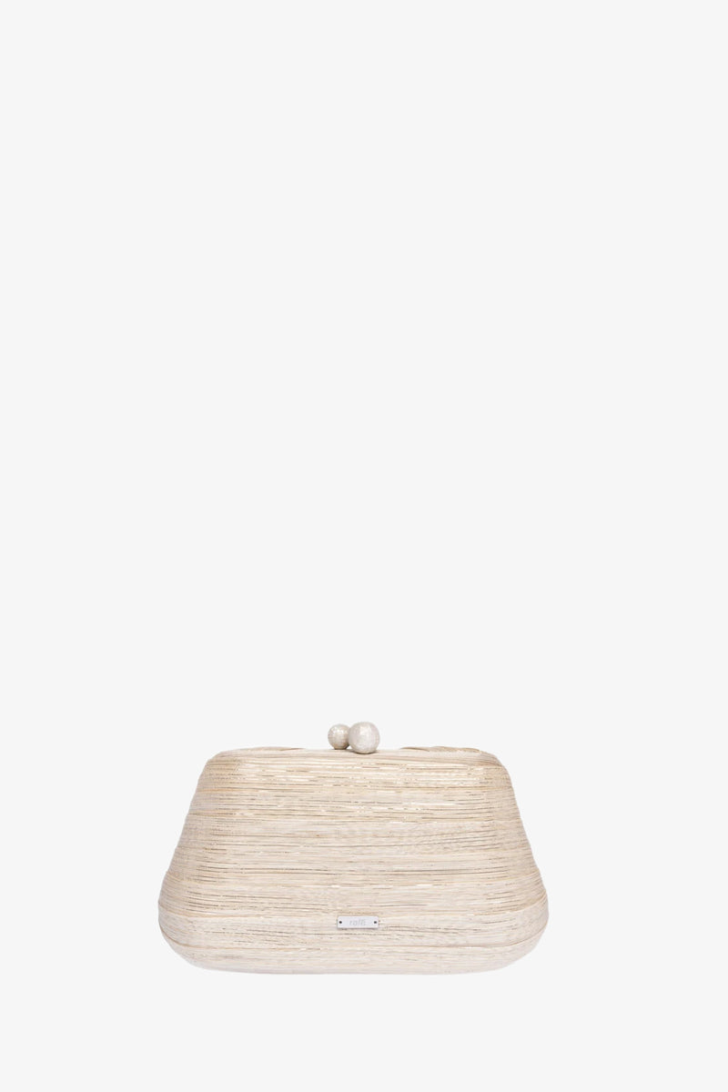 The Rosie Draped Clutch is a small, elegant purse in textured cream with a rounded shape and a clasp closure topped with two pearl-like beads.