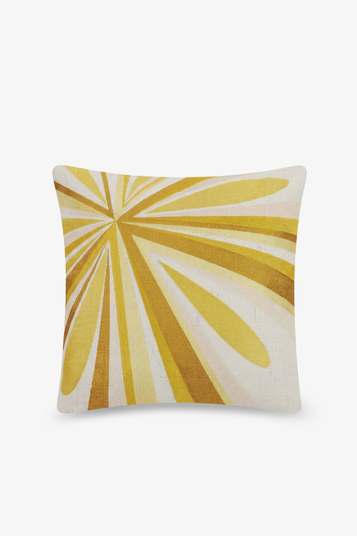 Shante Embroidered Square Pillow featuring a retro, abstract yellow and gold sunburst pattern radiating from the top left corner on a white background.