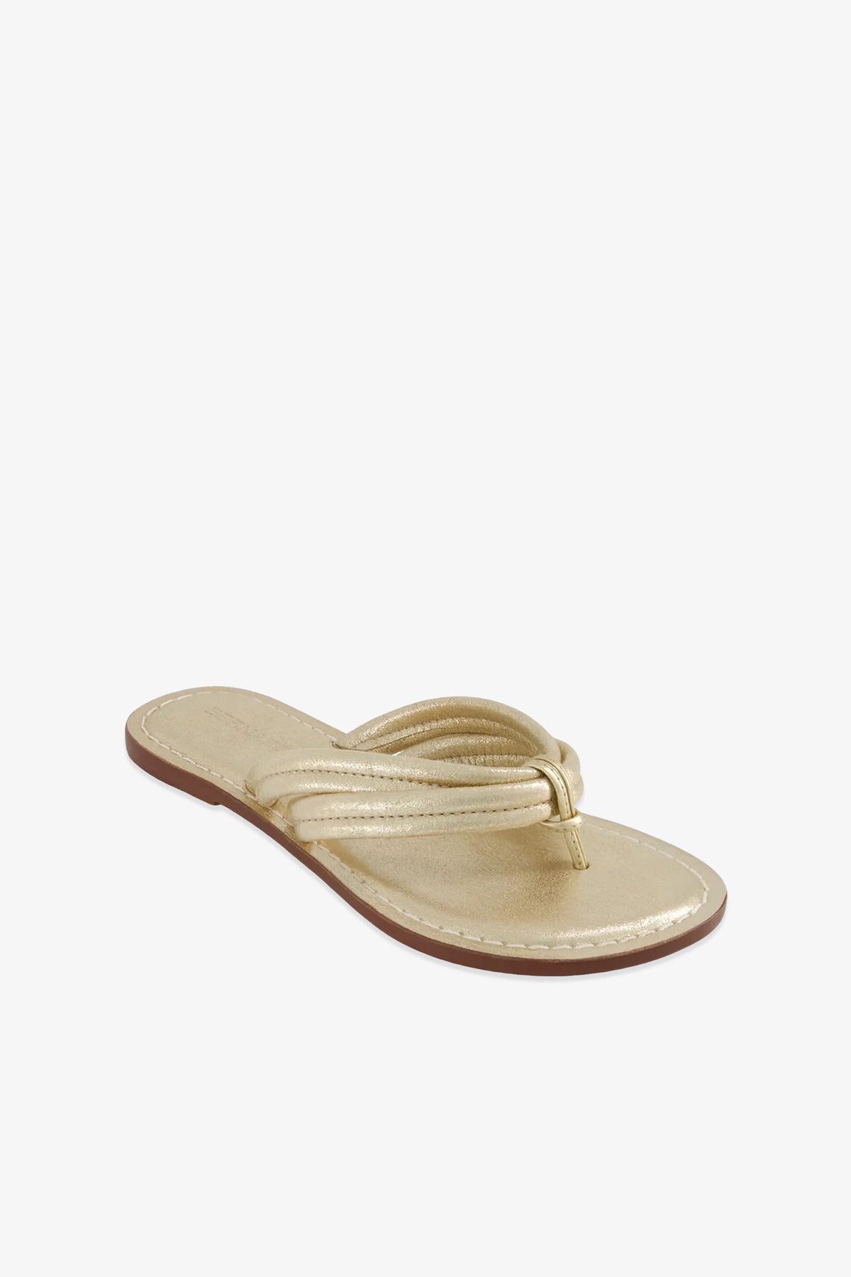 A single Miami Sandal, featuring a gold metallic finish, flat sole, brown bottom, and double straps, displayed on a white background.