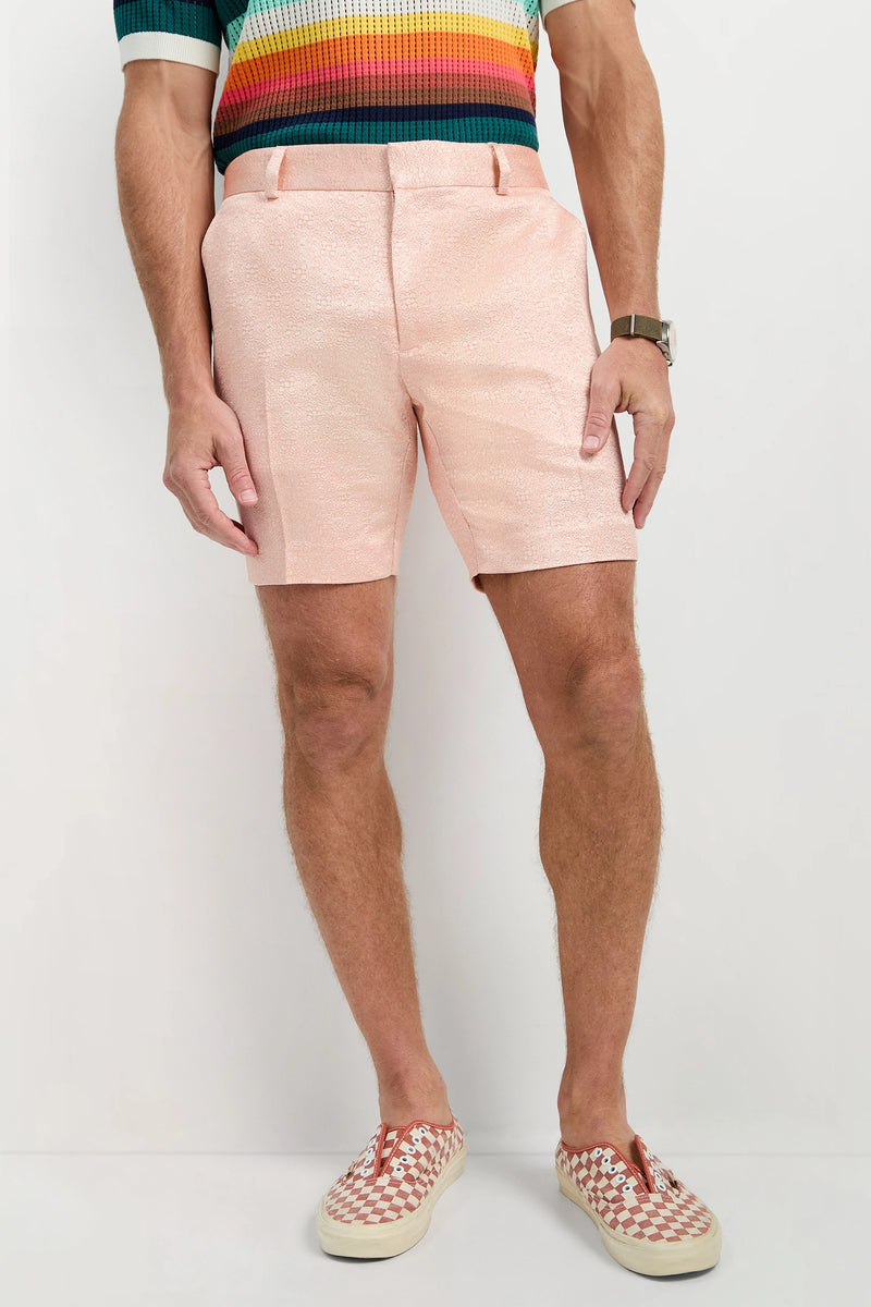 Wearing the Clyde Short - Metallic Jacquard in pale pink with a rainbow-striped shirt, a watch, and red and white checkered slip-on shoes, this person stands against a plain light background.