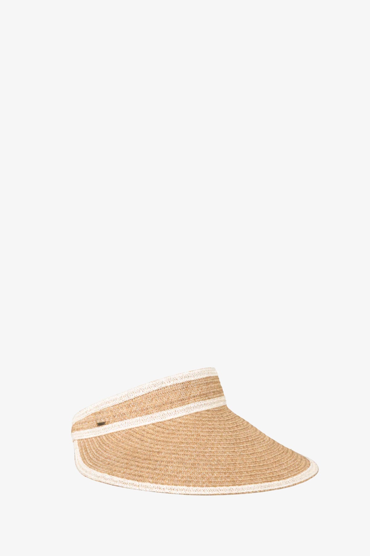 The Trixie Visor is a tan woven straw visor featuring white trim along the edges and a small metallic accent on the side, shown against a plain white background.