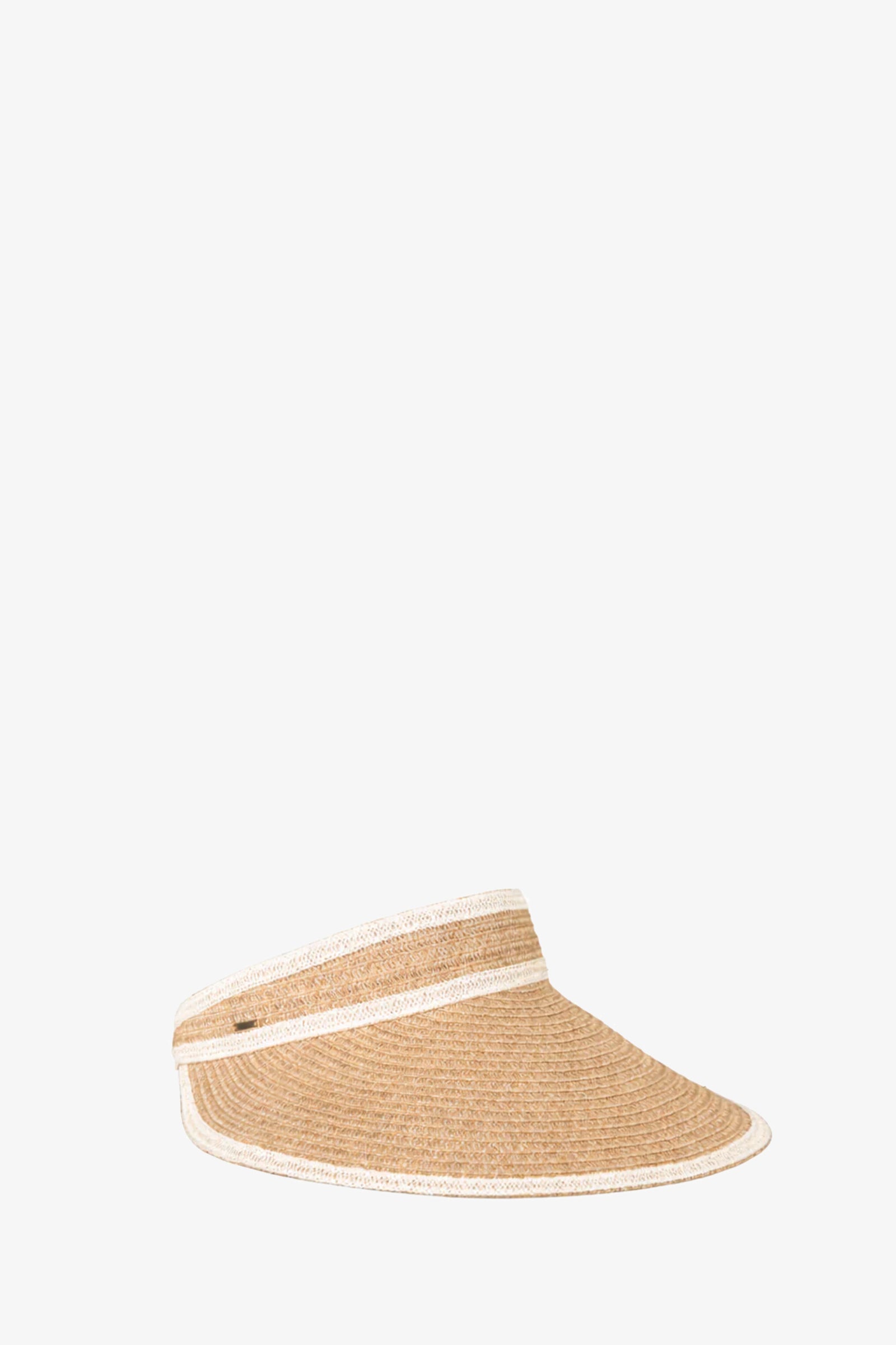 The Trixie Visor is a tan woven straw visor featuring white trim along the edges and a small metallic accent on the side, shown against a plain white background.