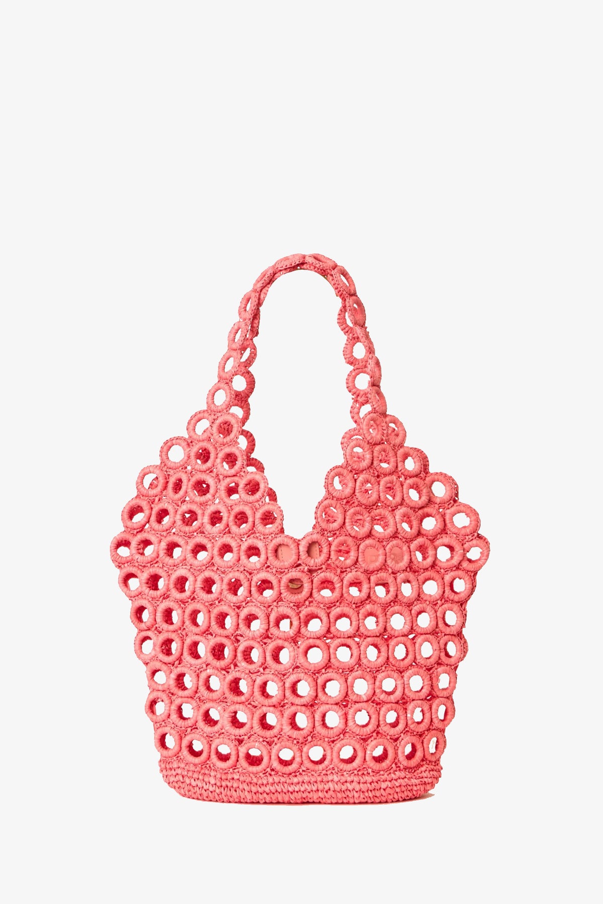 The Demi Large Tote is a fuchsia, open-weave handbag featuring a circular pattern and two matching handles, shown against a plain white background.