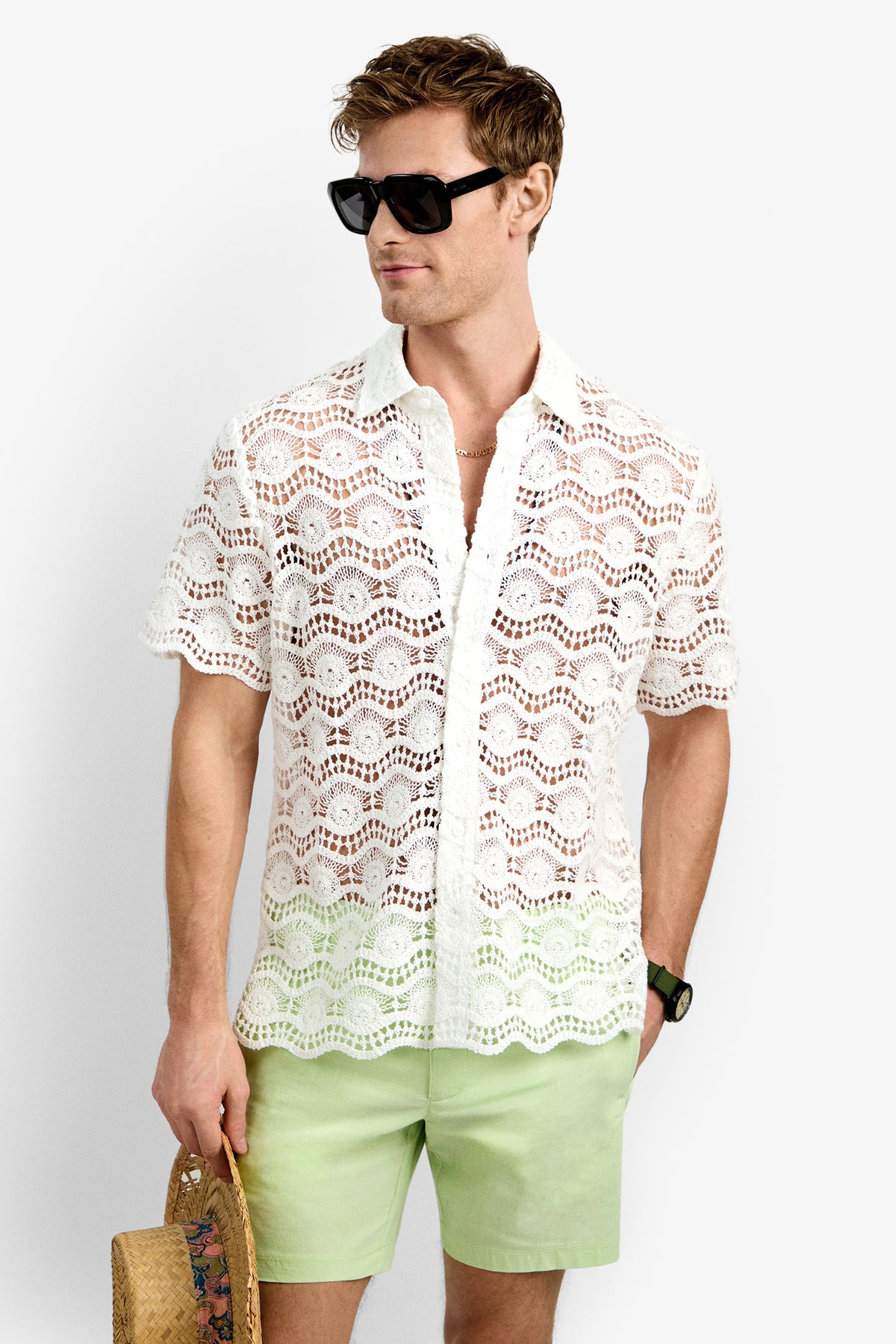 A man wearing black sunglasses and a white Long Beach Shirt with light green shorts holds a straw hat by his side against a plain white background.