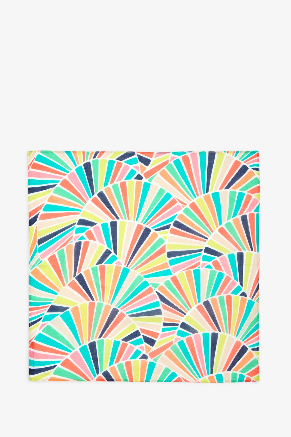 COTTON BANDANA featuring a vibrant repeating pattern of semi-circular fan shapes in shades of orange, teal, yellow, blue, and pink on a white background, crafted from 100% cotton for a soft and durable finish.