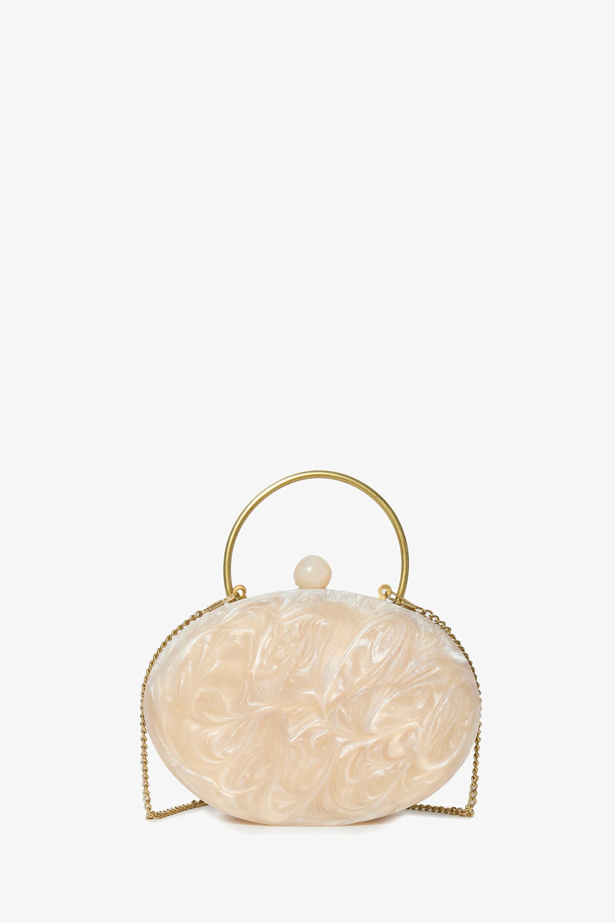The Ivory Pearl Oval Minaudiere is an ivory, oval-shaped clutch with a marbled finish, gold metal handle, matching clasp, and gold chain strap, shown against a plain white background.