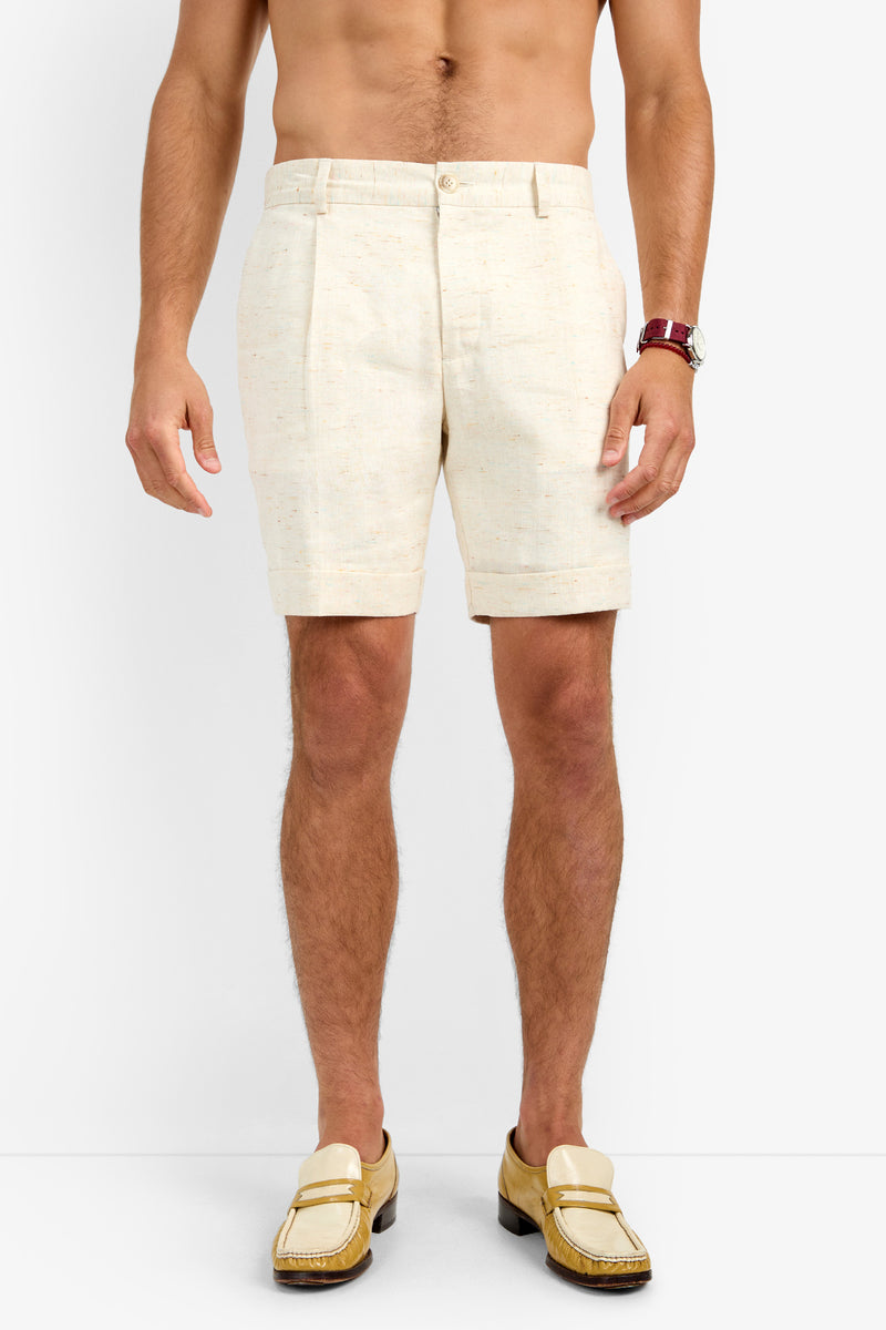 Of course! Please provide the keywords you'd like me to blend into the OLIVER PLEATED SHORT description.