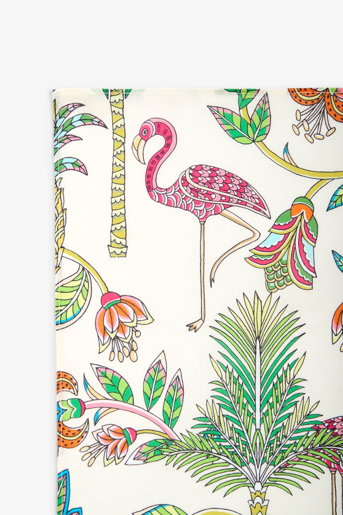 Vividly detailed, the PKT SQR design features a pink flamingo surrounded by lush, vibrant tropical plants and flowers set against a white background. Intricate patterns embellish both the bird and leaves, making this illustration an ideal choice for printing on 100% cotton fabric or other cotton accessories.