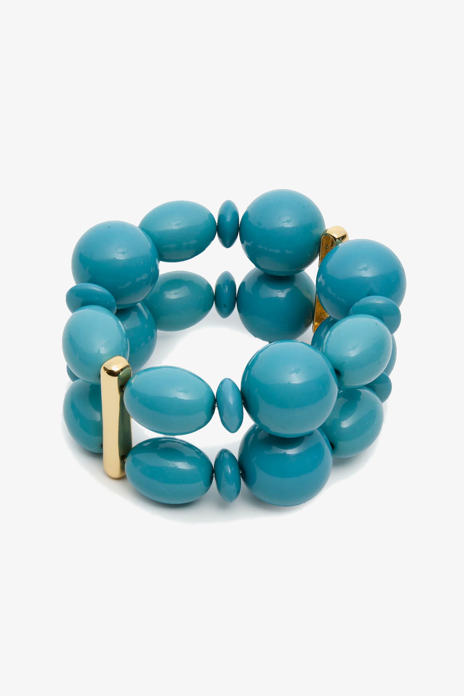 The LELE SADOUGHI AVENTURA DOUBLE bracelet features two strands of glossy turquoise oval and round beads, connected by gold rectangular bars, shown on a white background.