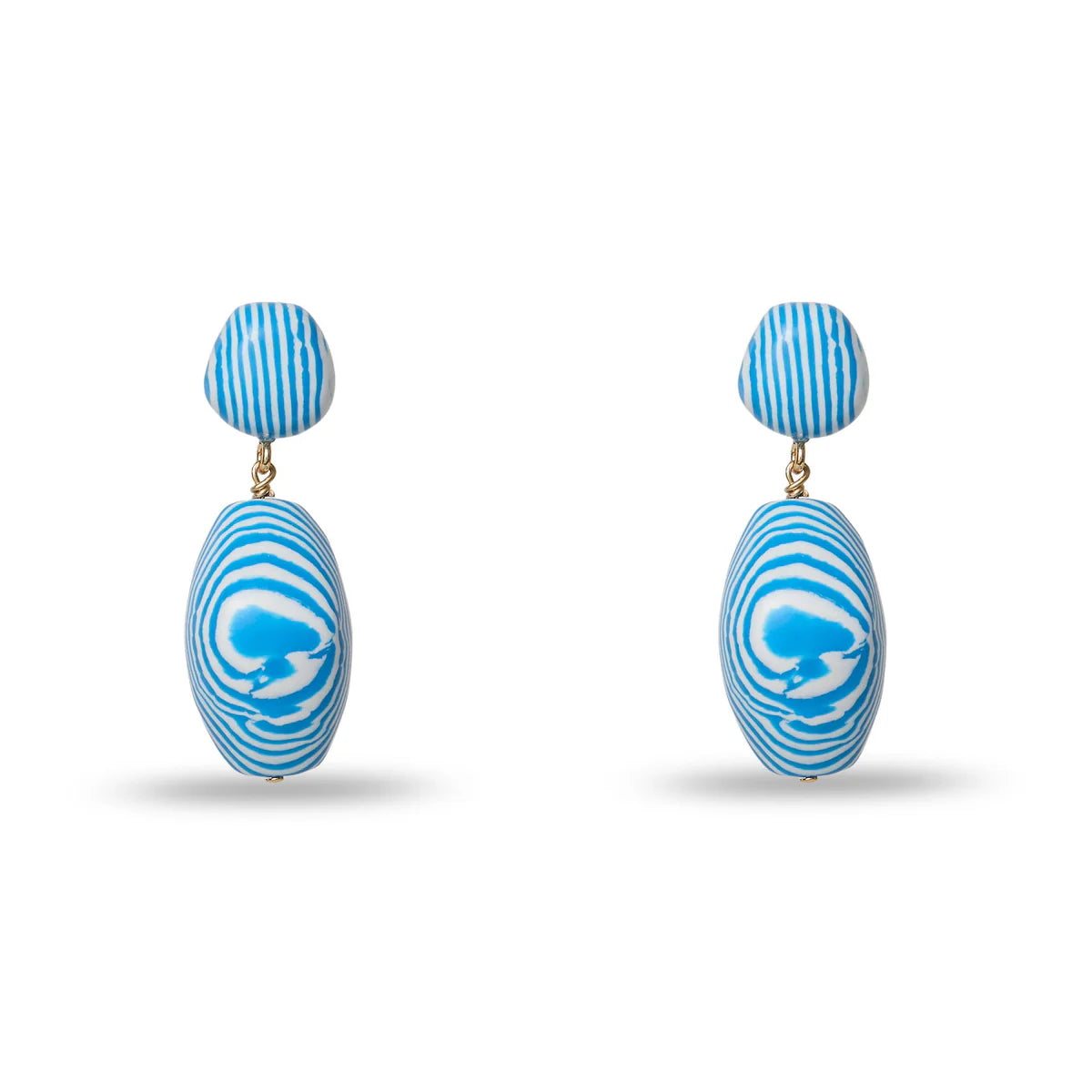 The Ocean Baroque Double Drop Earrings feature blue and white striped oval pendants hanging from smaller oval studs.