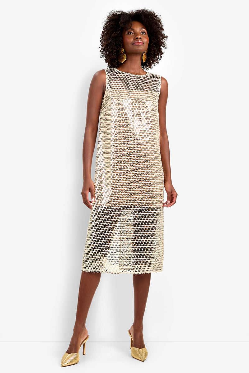 A woman stands against a white background wearing the Eleanor Dress, a sleeveless, knee-length gold sequin dress with a sheer overlay, styled with gold heels and statement earrings.