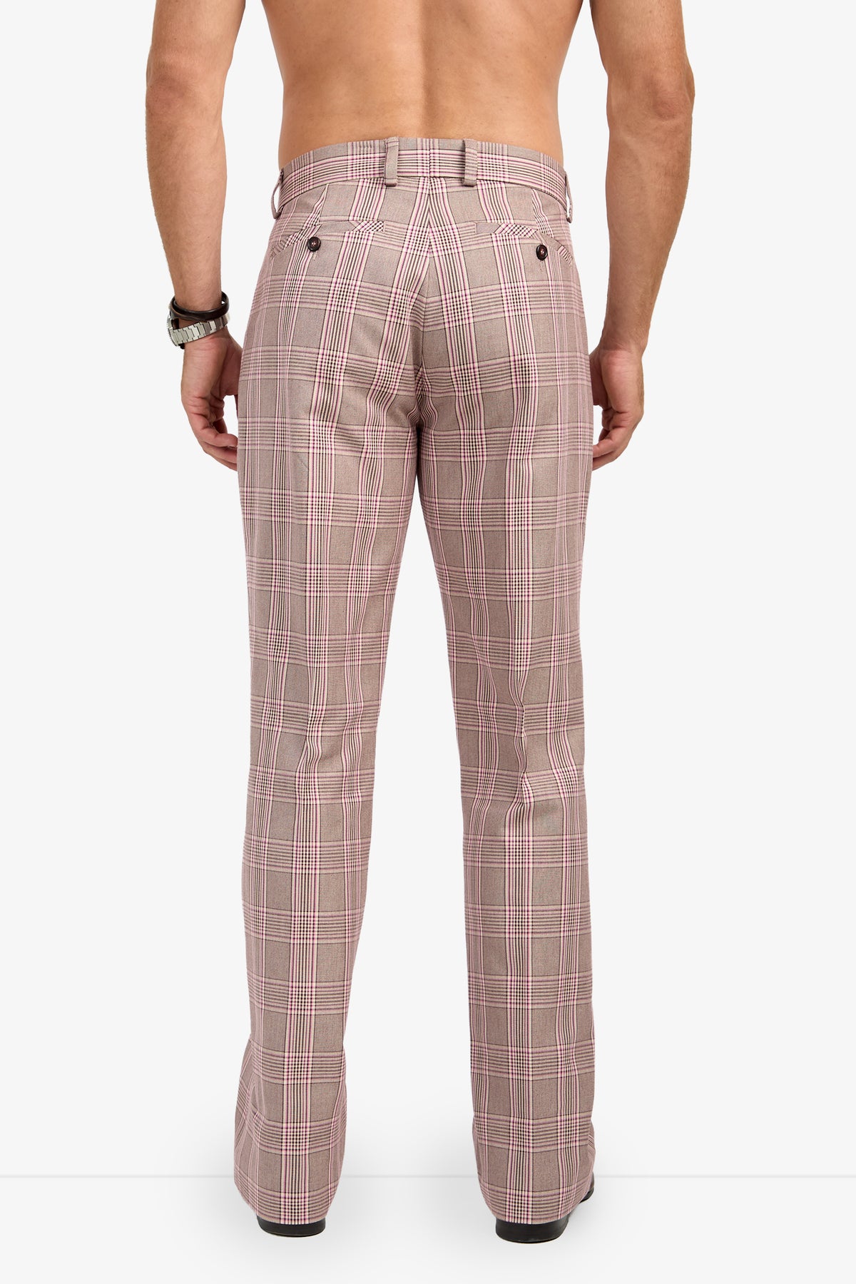 A shirtless man is shown from the back wearing ALEJANDRO BOOTLEG TROUSER—high-waisted, pink plaid flared pants featuring belt loops, buttoned rear pockets, and a vintage-inspired pattern.