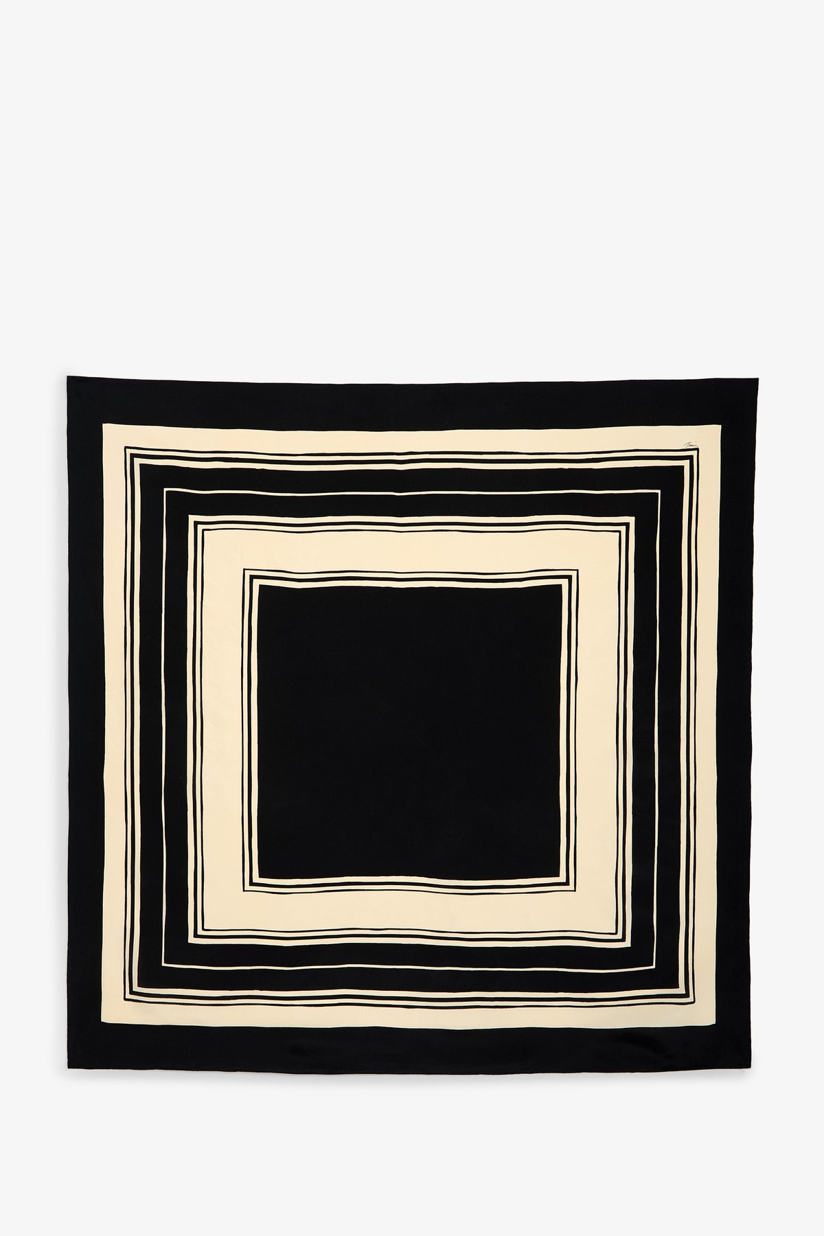 The Scala Silk Scarf features a square design with black and cream concentric rectangles forming a striking geometric border. Its center is black, bordered by cream and slim black lines, all set against a crisp white background.