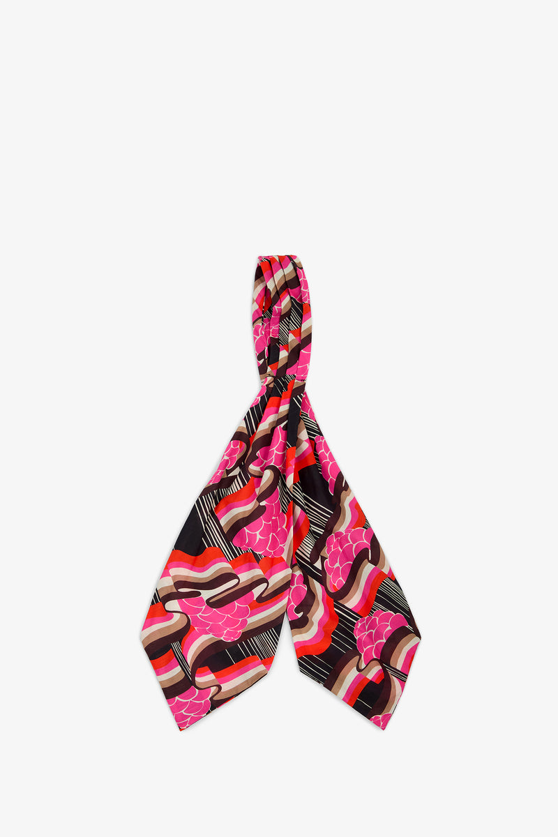 Ascot neck scarf featuring a pink, black, and brown geometric wave pattern with floral motifs.