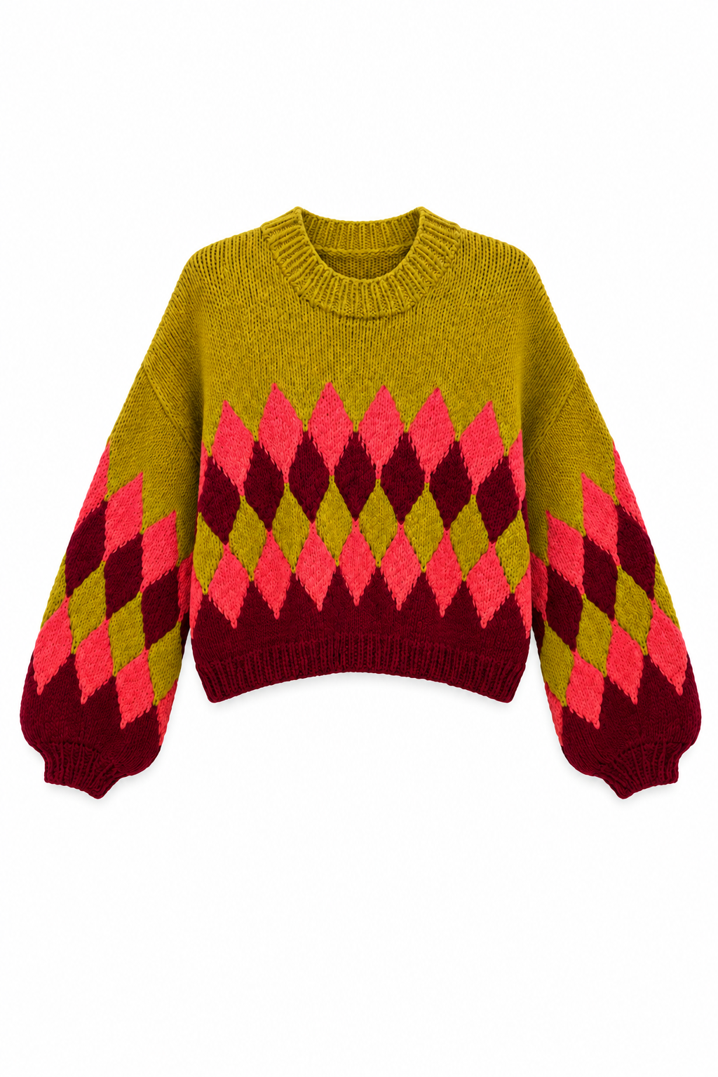The Cavallari Sweater is a cropped, long-sleeve piece featuring an argyle pattern in pink, maroon, and olive green along the body and sleeves, set against a white background.