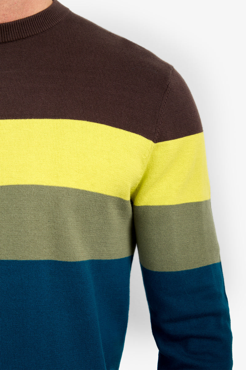 A person wearing the ROEMER sweater, a color-blocked design with horizontal stripes in brown, yellow, olive green, and blue. Made from 100% cotton for a soft and breathable feel. Only the upper torso and part of the left arm are visible against a plain white background.