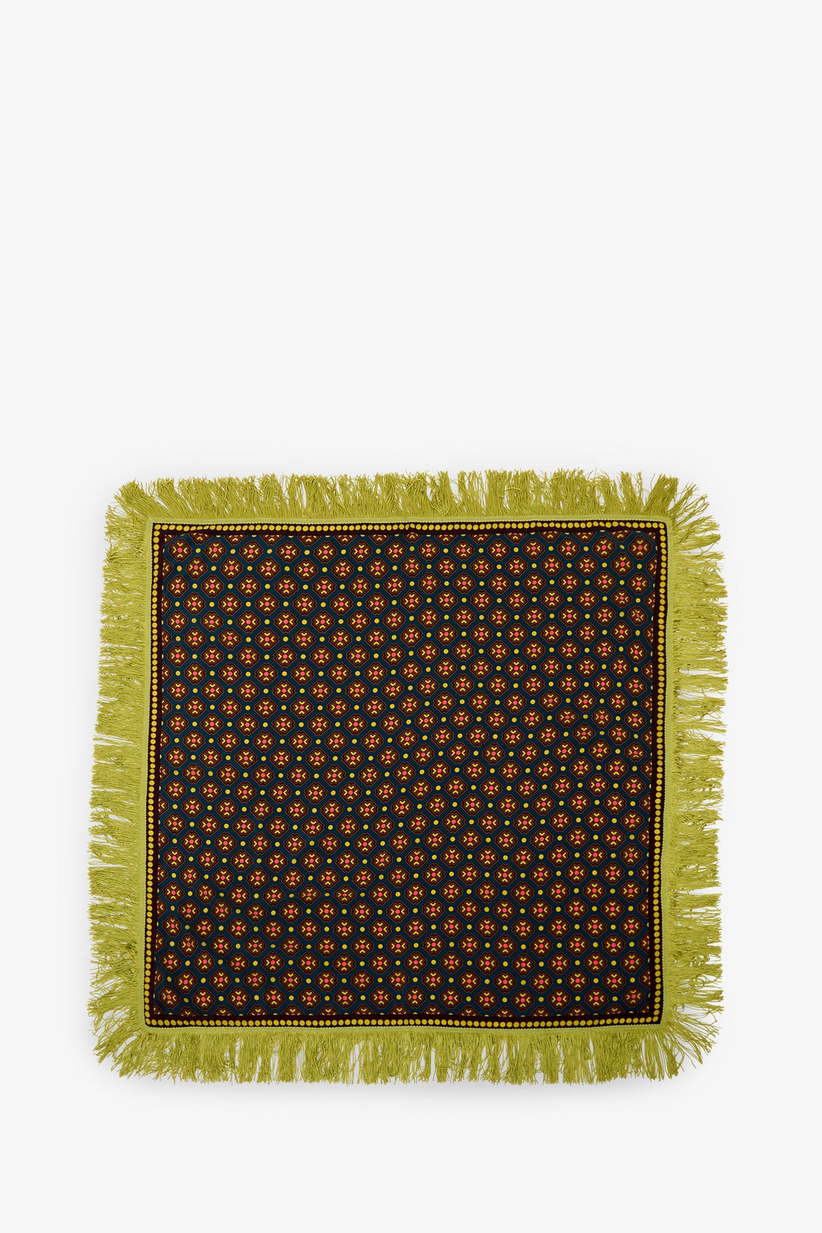 A rectangular black Foulard Scarf featuring small orange and yellow floral patterns, finished with a mustard-yellow fringe.