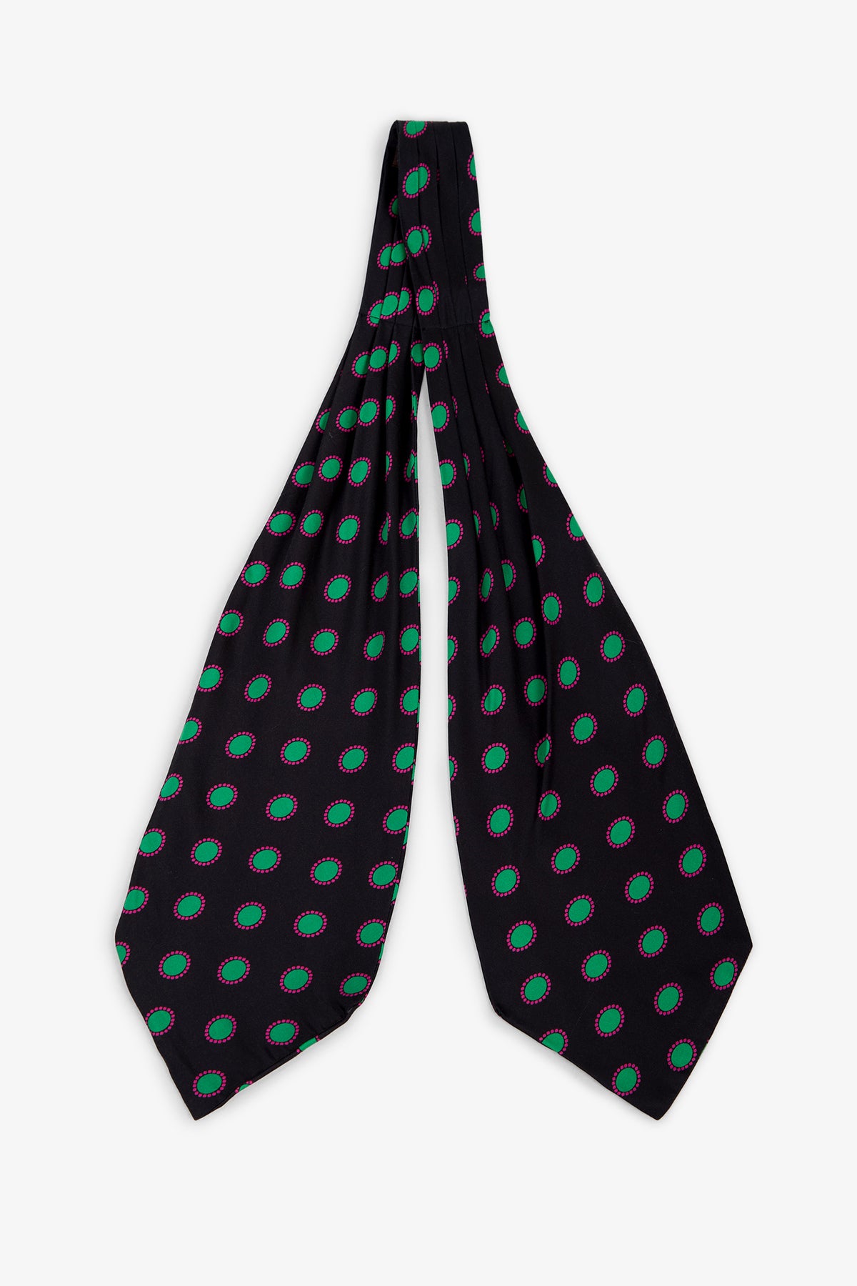 Gemstone Satin Ascot in MULTI color, featuring a pattern of green and red polka dots arranged in rows, displayed on a white background.