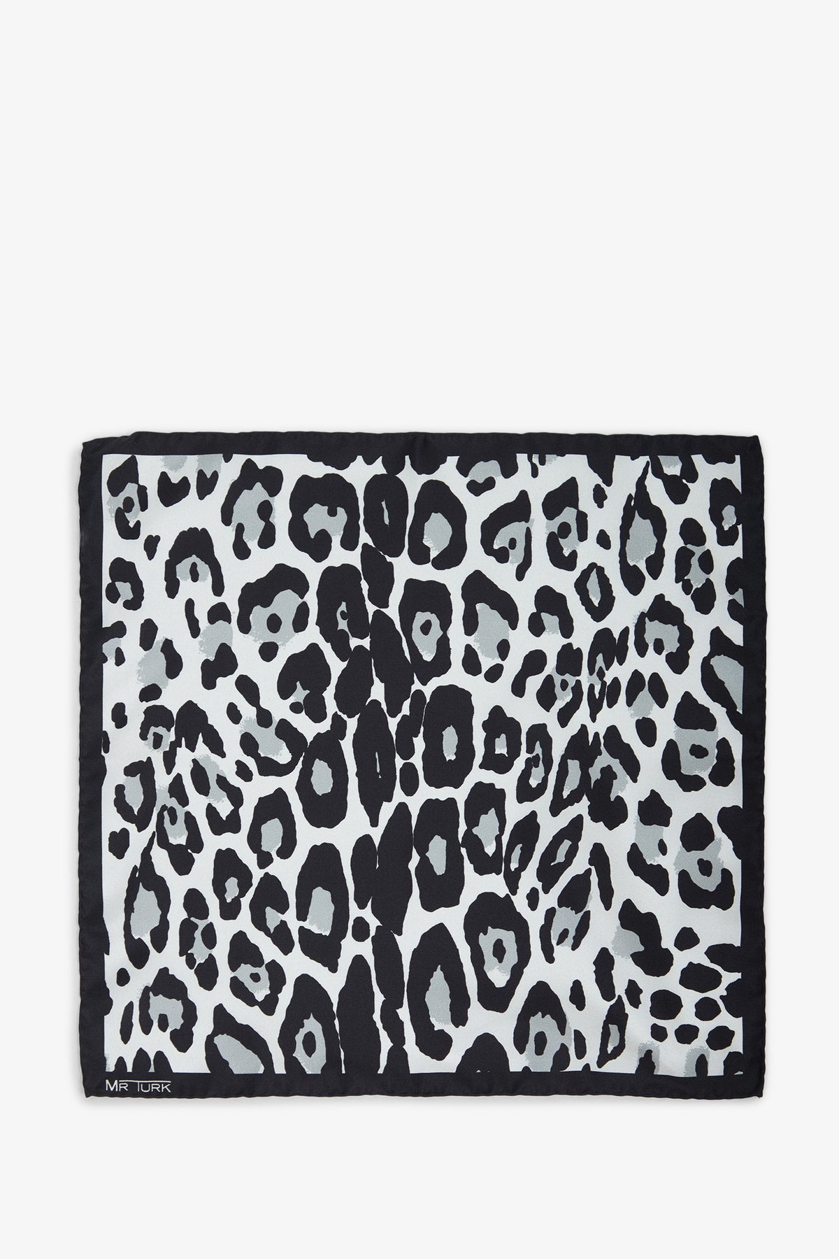 Rectangular pocket square with a black border and bold black and gray leopard print. Features MR TURK in small white letters in one corner. Product name: Snow Leopard Pocket Square.