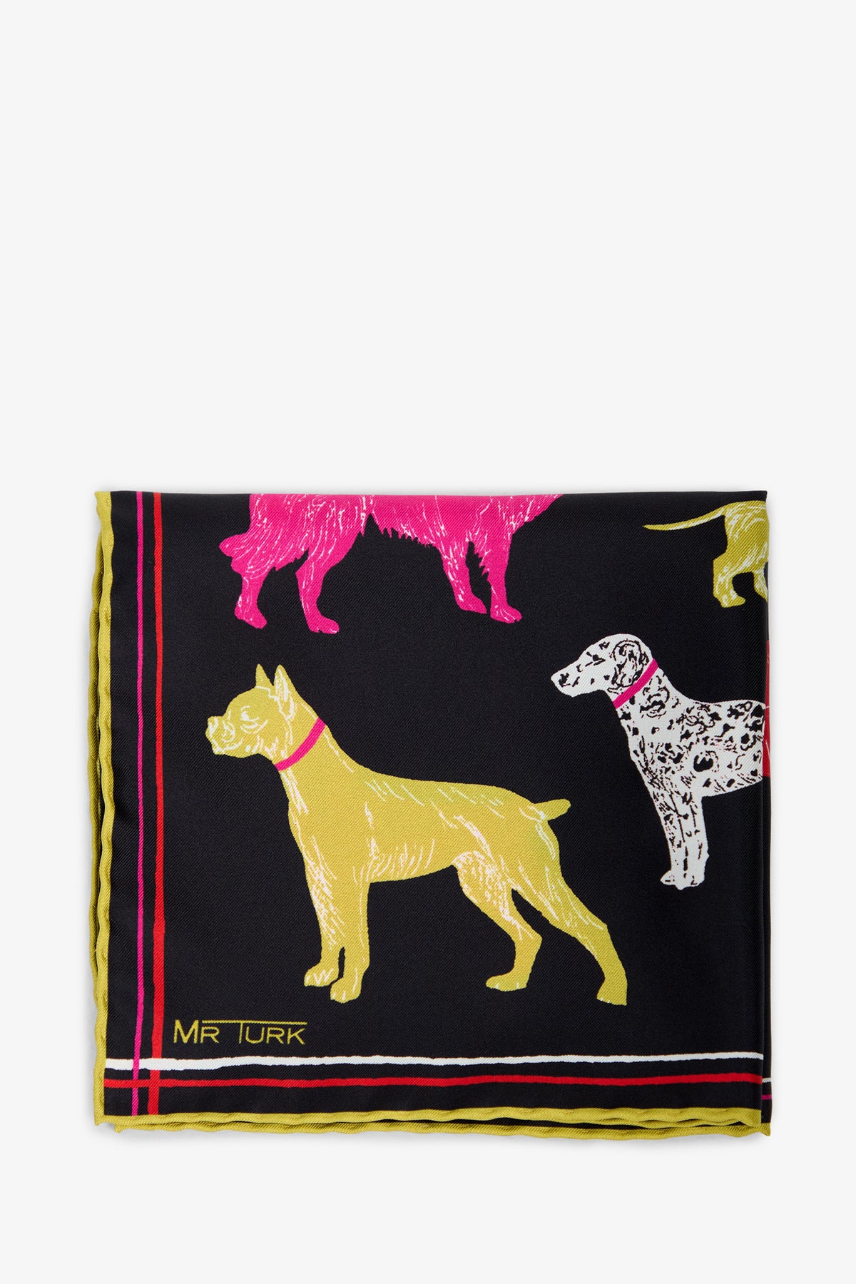 A black silk pocket square featuring illustrations of dogs in yellow, pink, and white, with a yellow, red, and pink border. The bottom left corner displays the text “MR TURK.”.
