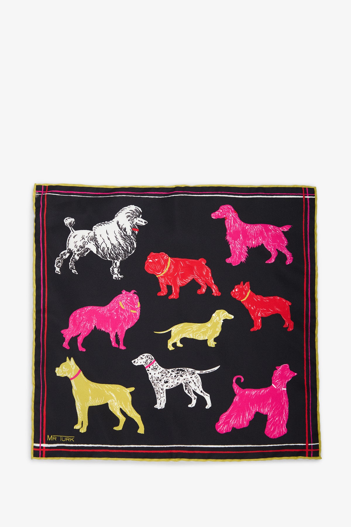 Introducing the Dogs Silk Pocket Square—a black silk accessory adorned with vibrant illustrations of different dog breeds in pink, yellow, and white, and elegantly bordered by slim red and yellow stripes.
