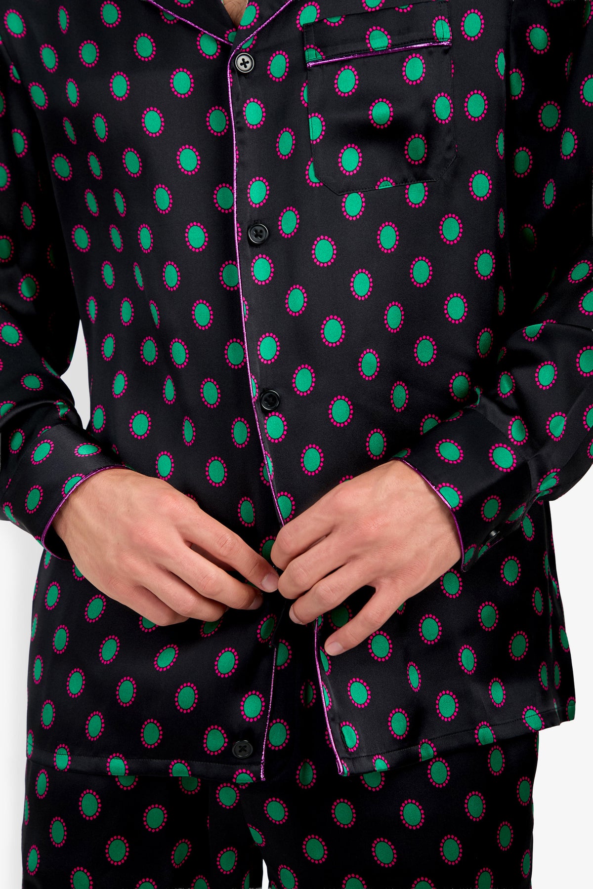 Black 100% silk PJ TOP button-down pajama top with a green and magenta oval pattern and magenta piping.