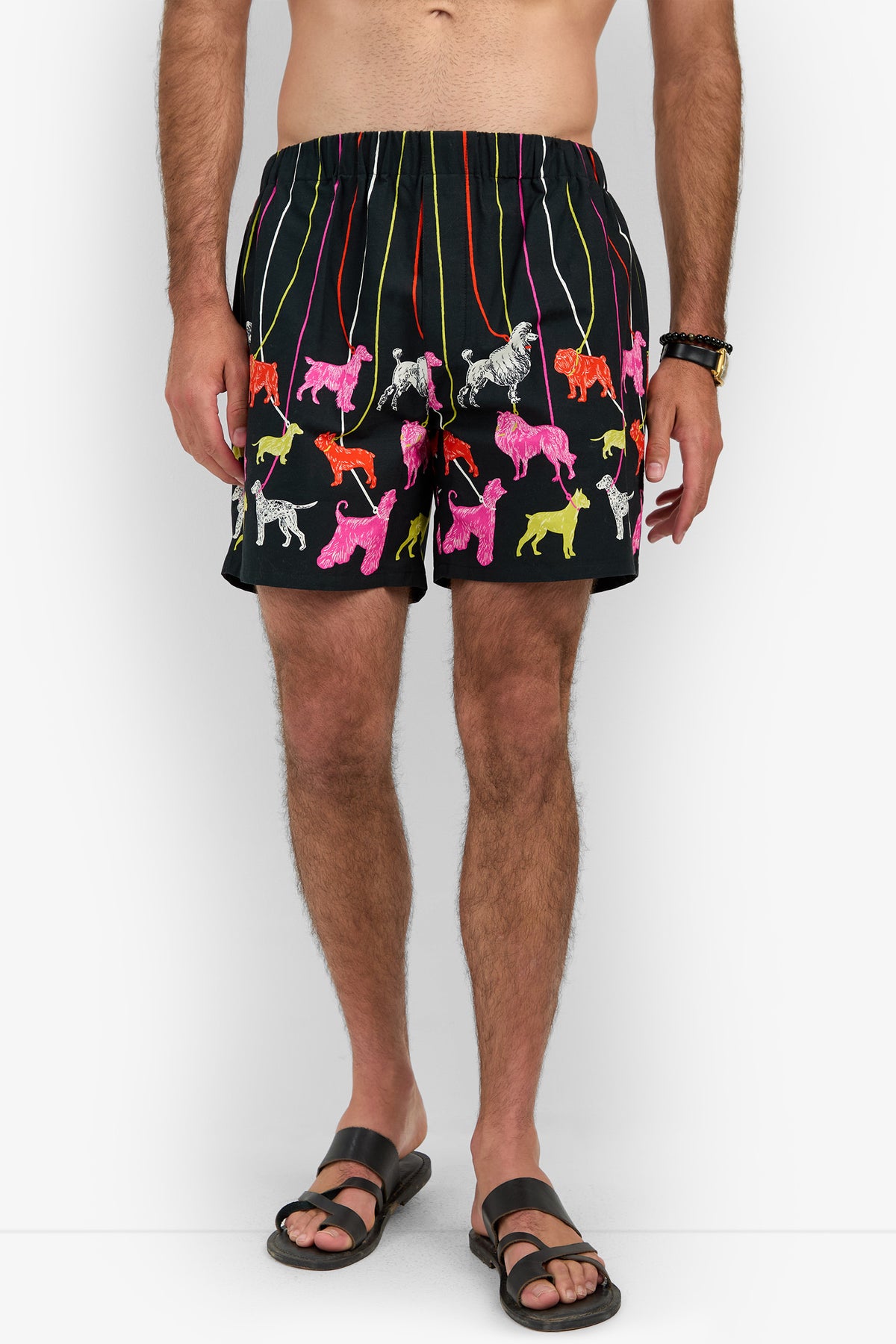 PJ SHORT black shorts featuring an all-over print of colorful dogs on leashes, worn with black slide sandals.