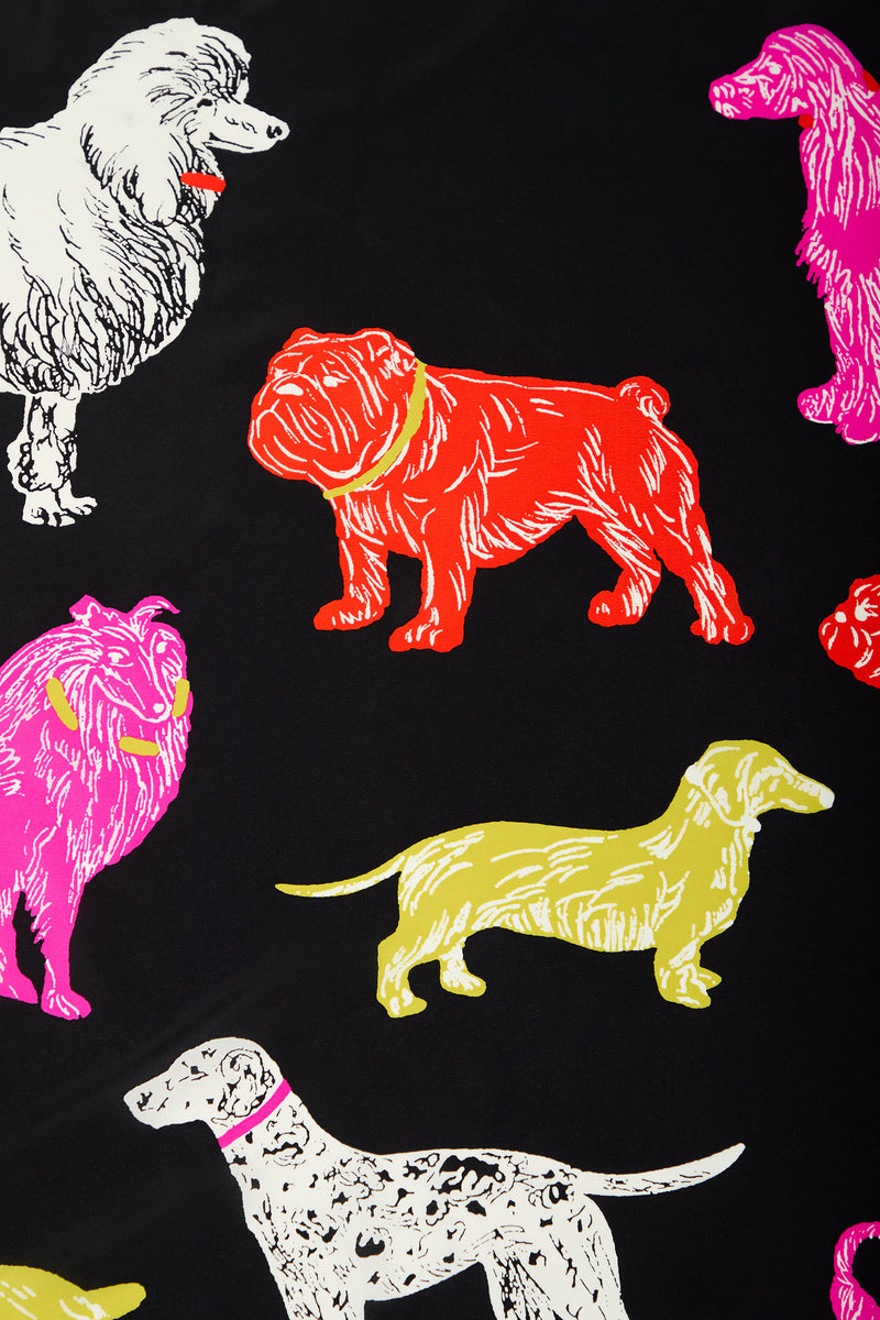 POOCH SCARF in black pure silk patterned with colorful, stylized illustrations of various dog breeds including a poodle, bulldog, collie, dachshund, and dalmatian.