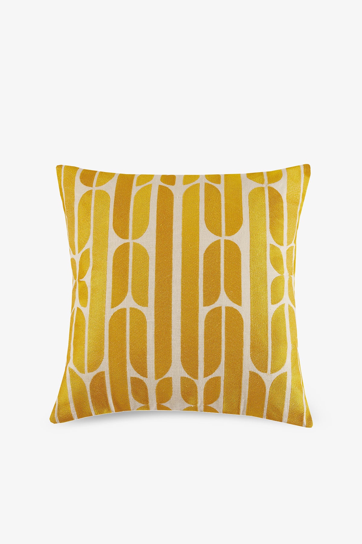 Palmdale Embroidered Square Pillow in YELLOW features a geometric pattern with vertical and rounded rectangular shapes, shown against a white background.