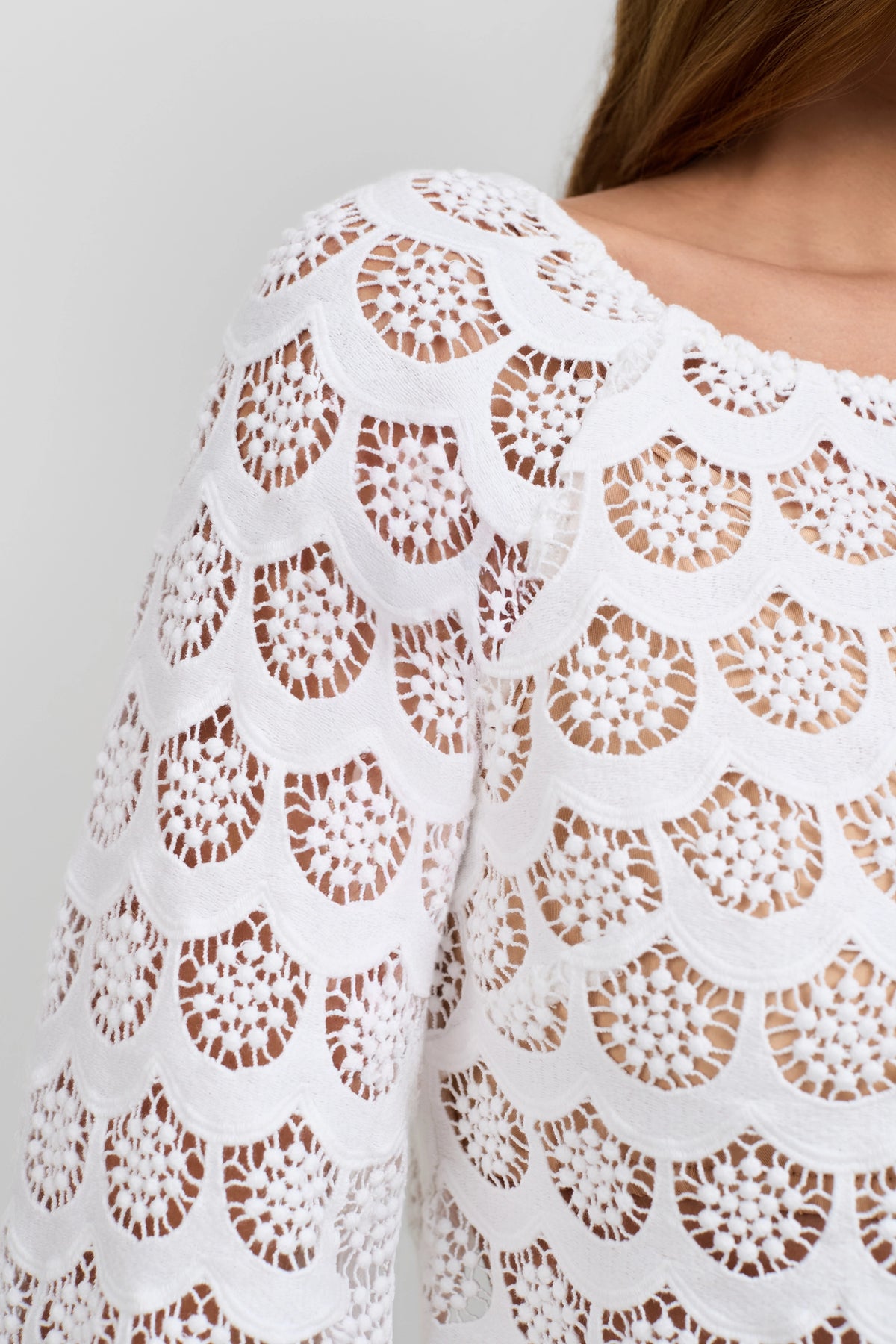 Close-up of a woman's shoulder and arm wearing the Helen Crochet Lace Top, a white, long-sleeved, semi-transparent top with a textured scalloped crocheted lace pattern.