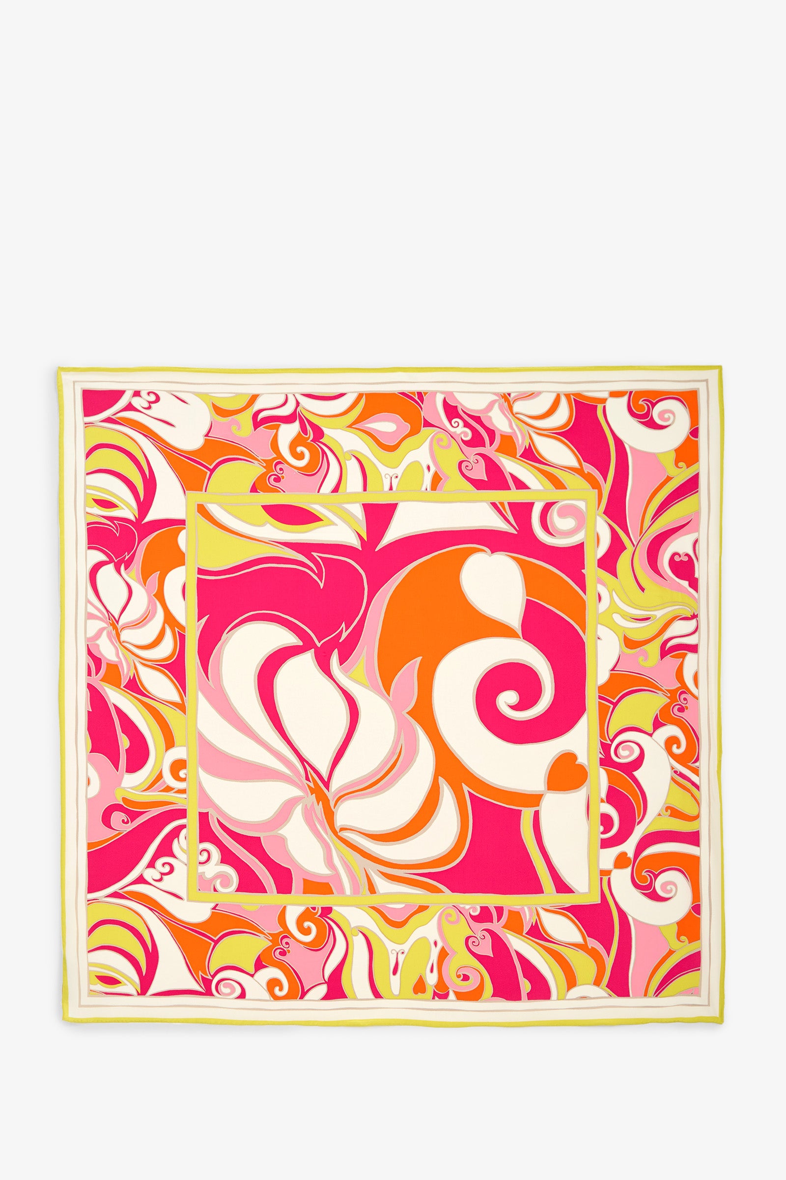 Introducing the Island Swirl Scarf—a square silk accessory featuring a vibrant swirling pattern in pink, orange, yellow, and white, all framed by a light yellow border.