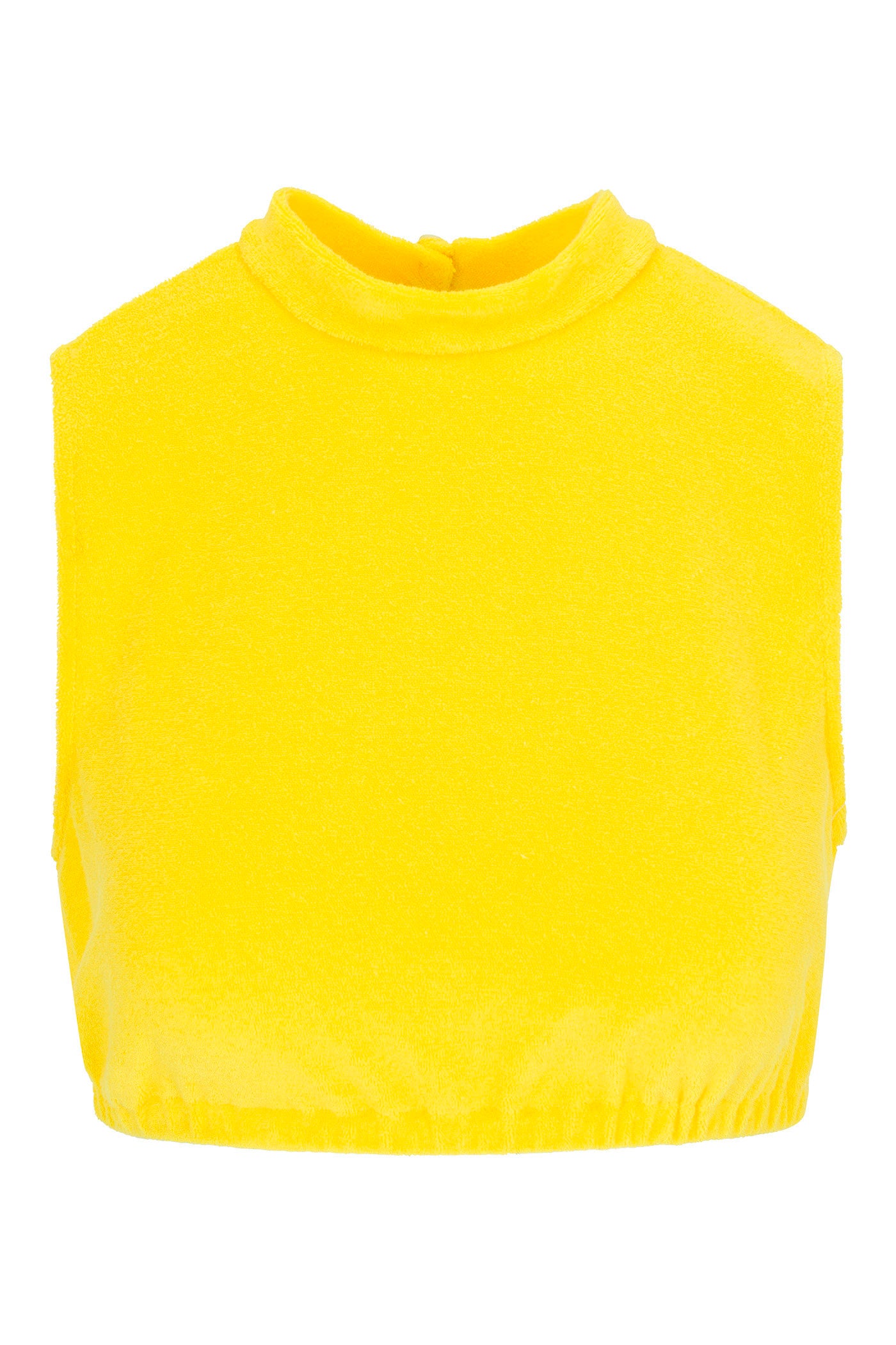 The Nelda Sleeveless Crop Top - Poolside Terry is a bright yellow, high-neck top with a soft terry texture, elastic waistband, and minimalist design, shown sleeveless against a plain white background.