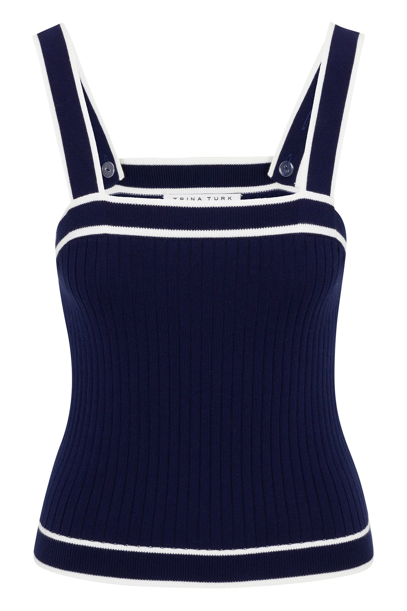 The Break Point Contrast Trim Knit Cami Top is a navy blue sleeveless ribbed tank with white trim on the straps, neckline, and hem, two strap buttons, and a fitted silhouette.