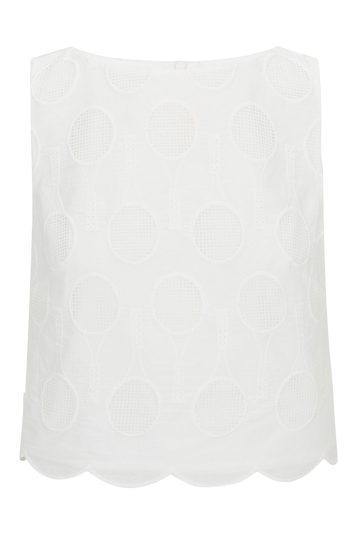 The Split Sleeveless Crop Top - Tennis Eyelet is a white, sleeveless top with embroidered tennis rackets and balls, plus a scalloped hem.