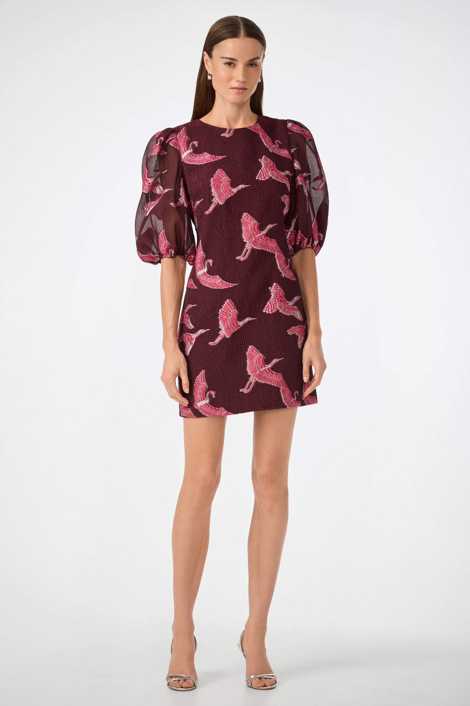 Trina Turk Women's Ringo Short Puff Sleeve Mini Dress in Kanpai Wine Tsuru Size 8 Trina Turk Women's Ringo Short Puff Sleeve Mini Dress in Kanpai Wine Tsuru Size 8