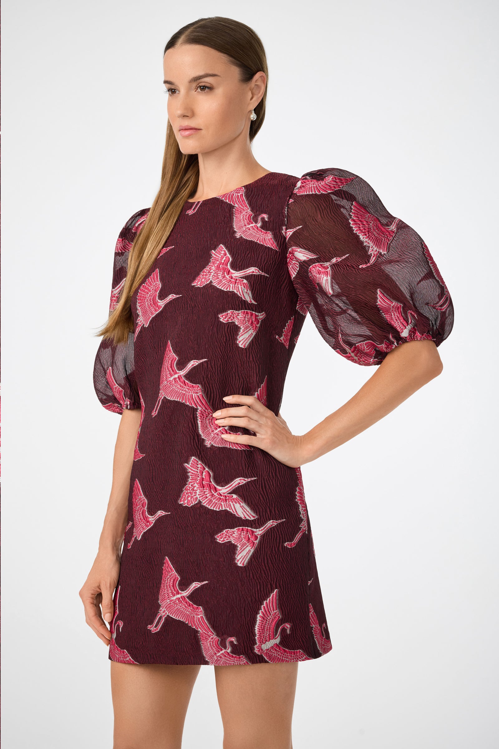 A woman models the Ringo Short Puff Sleeve Mini Dress, featuring a pink crane print and sheer puff sleeves, as she stands against a light background, looking to the side with her hand on her hip.