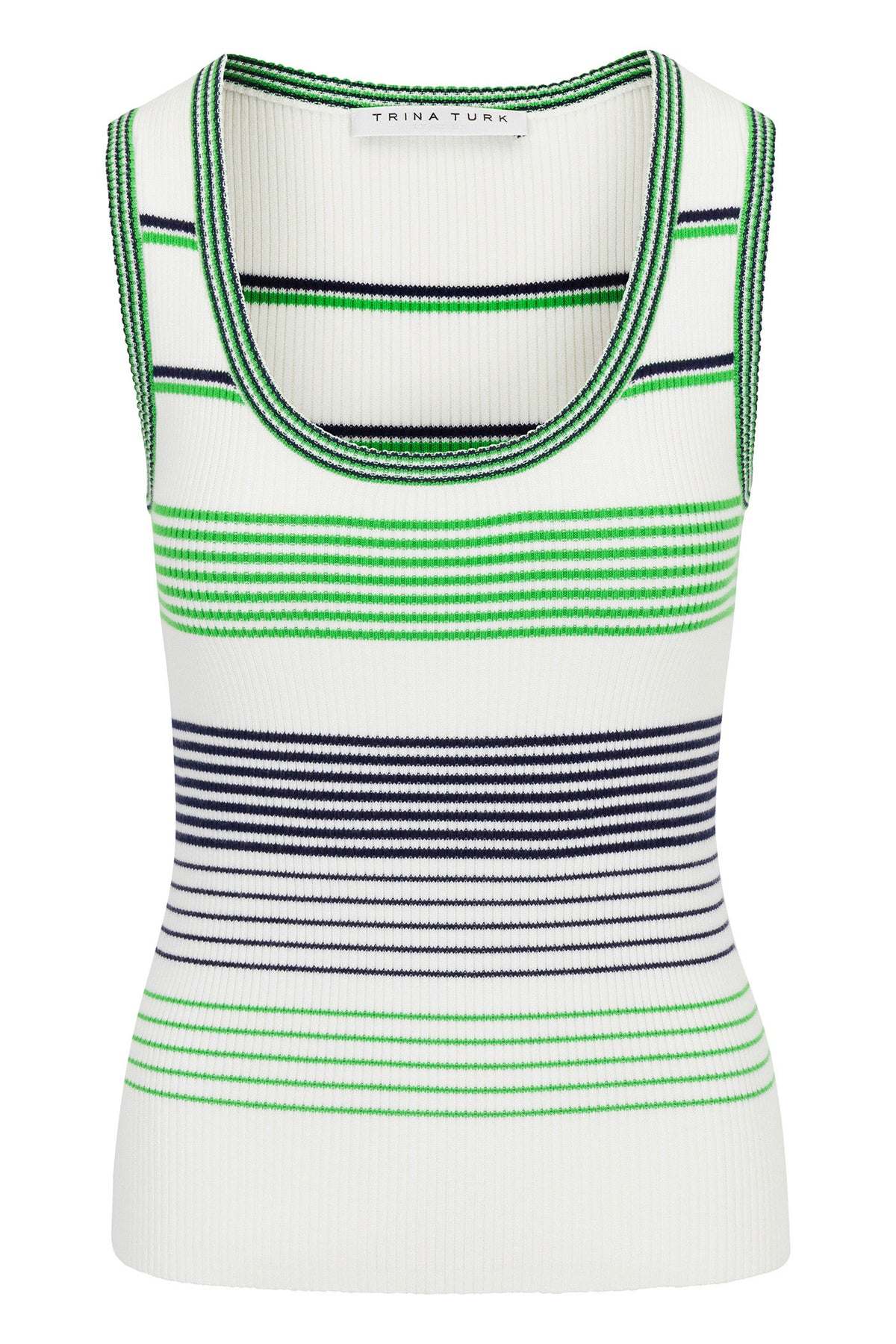 The Paolini Scoop-Neck Rib Knit Tank Top is sleeveless with green, navy, and black stripes on a white ribbed knit, finished with green and navy trim.