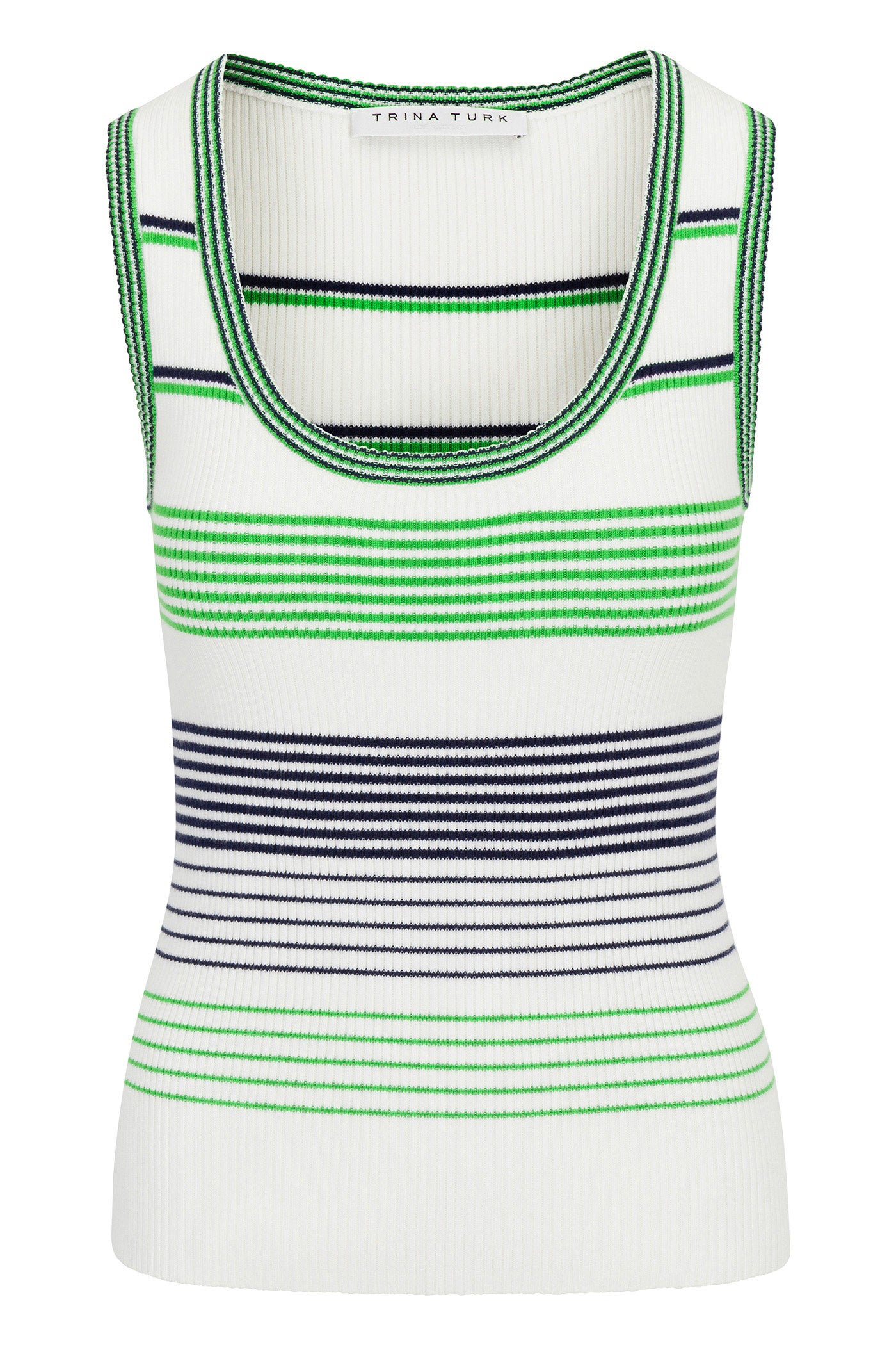The Paolini Scoop-Neck Rib Knit Tank Top is sleeveless with green, navy, and black stripes on a white ribbed knit, finished with green and navy trim.