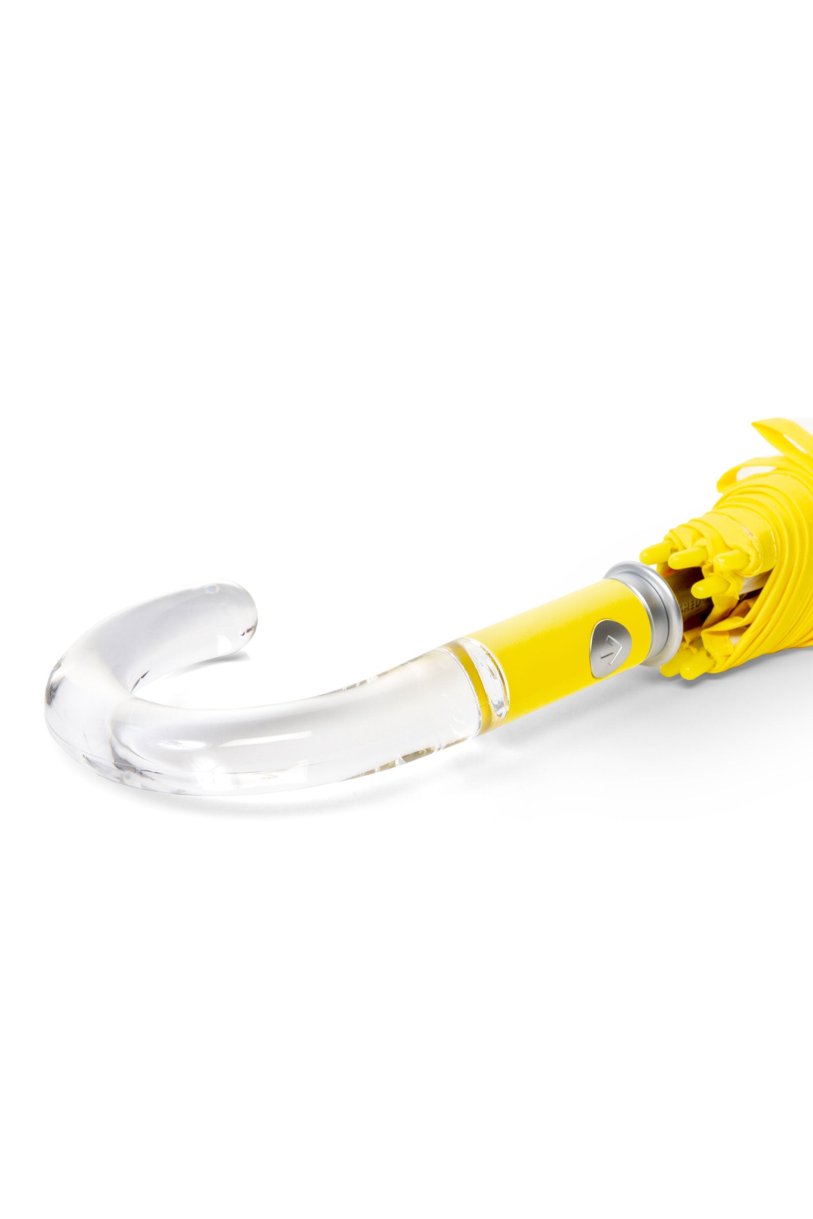 The TT X SR Clear Bubble Umbrella - Poolside features a clear plastic curved handle and closed yellow canopy, displayed against a white background.