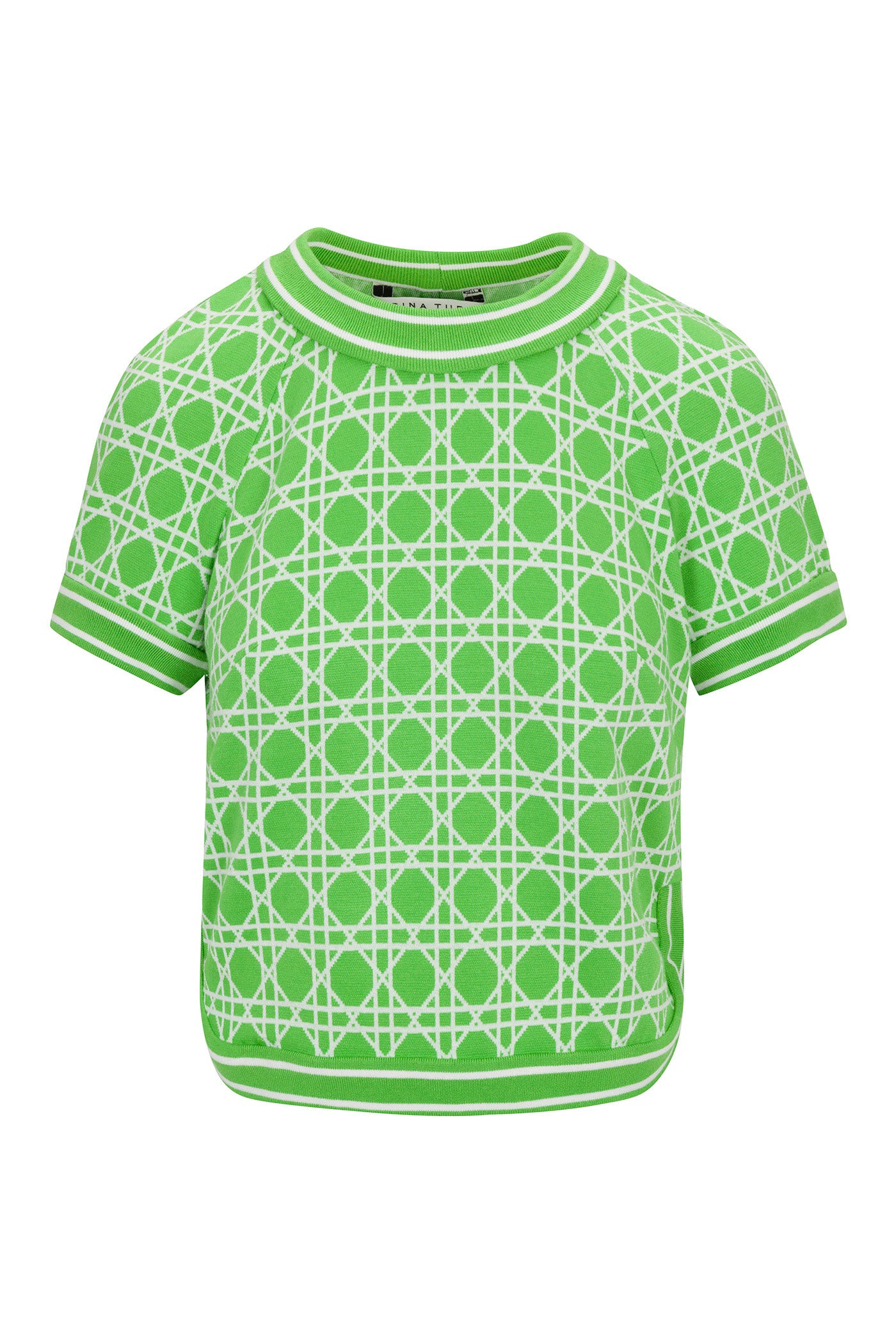 The Simona Short-Sleeve Crop Top - Billie Jean features a green knit design with a white geometric lattice pattern and ribbed green and white trim on the collar, cuffs, and hem.