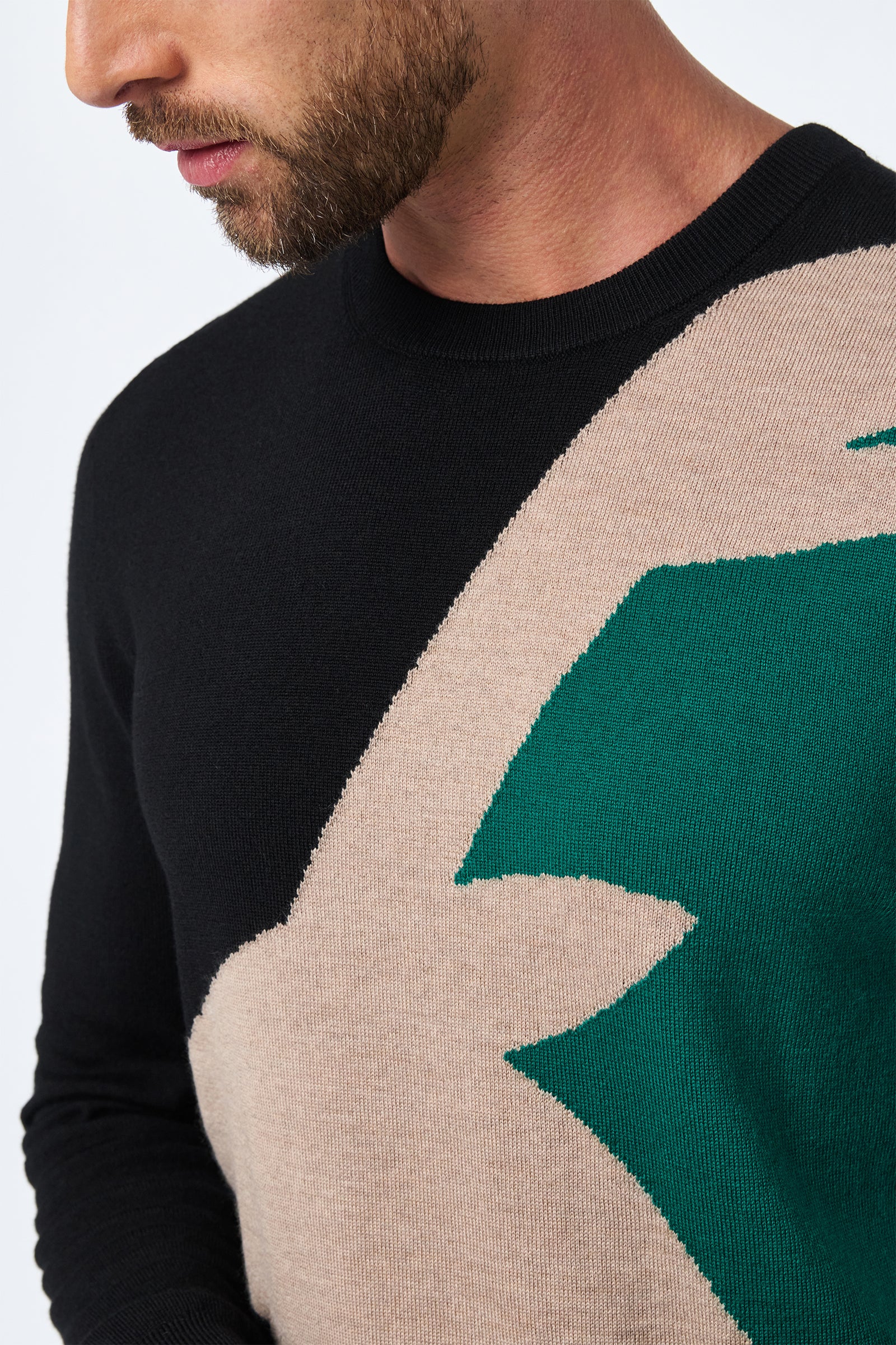 A close-up of a man wearing the Caribou Crewneck, a black sweater featuring a bold beige and green abstract design across the chest and shoulder. His trimmed beard and mustache are partially visible.