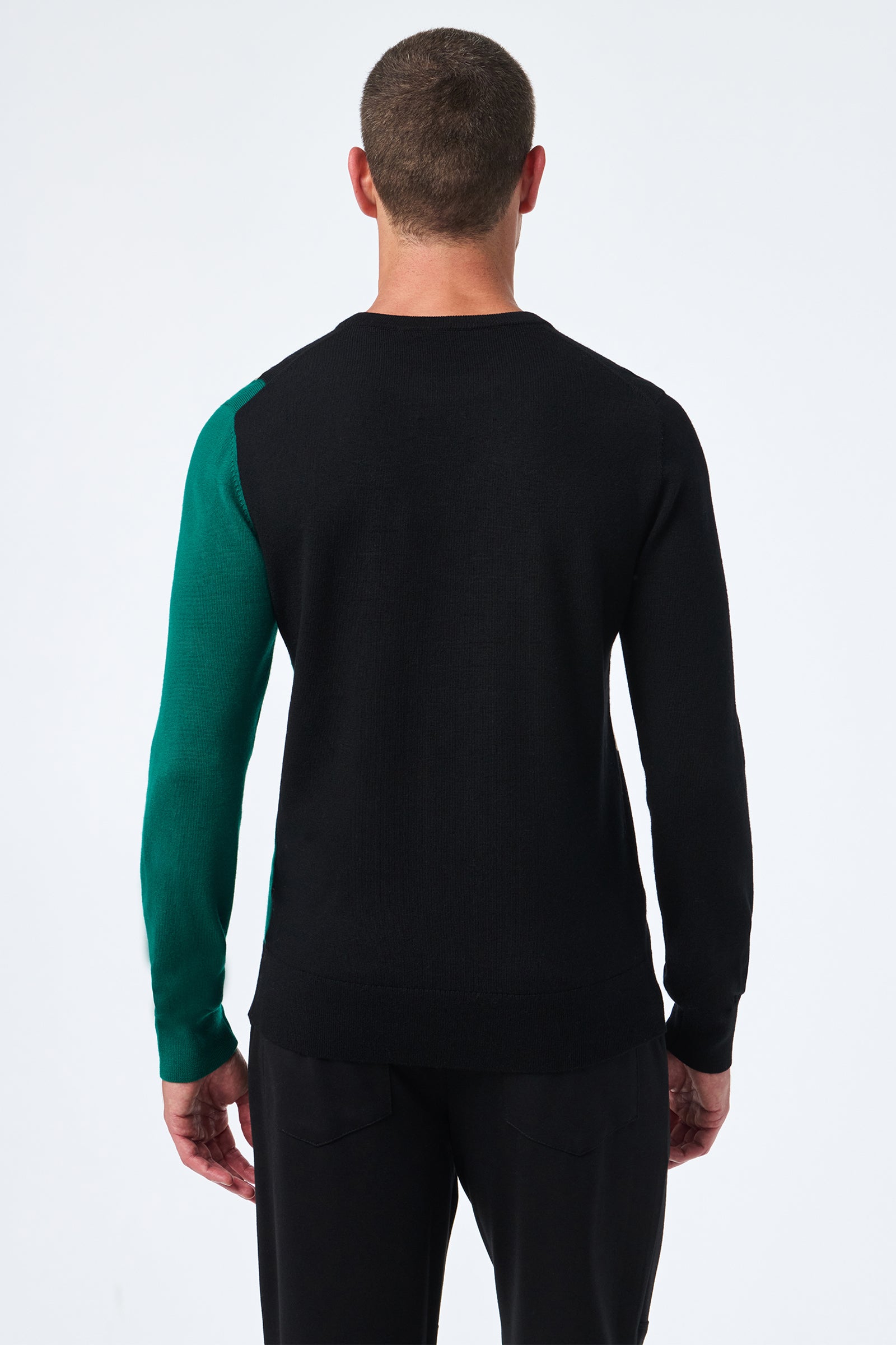 A man faces away from the camera, wearing the Caribou Crewneck—a black sweater with a single green left sleeve—paired with black pants. The plain, light-colored background highlights the outfit.