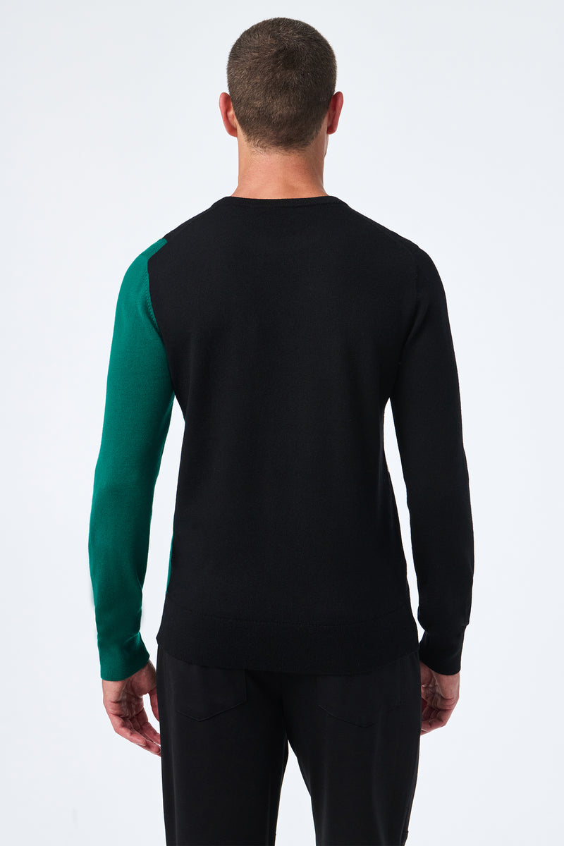 A man faces away from the camera, wearing the Caribou Crewneck—a black sweater with a single green left sleeve—paired with black pants. The plain, light-colored background highlights the outfit.