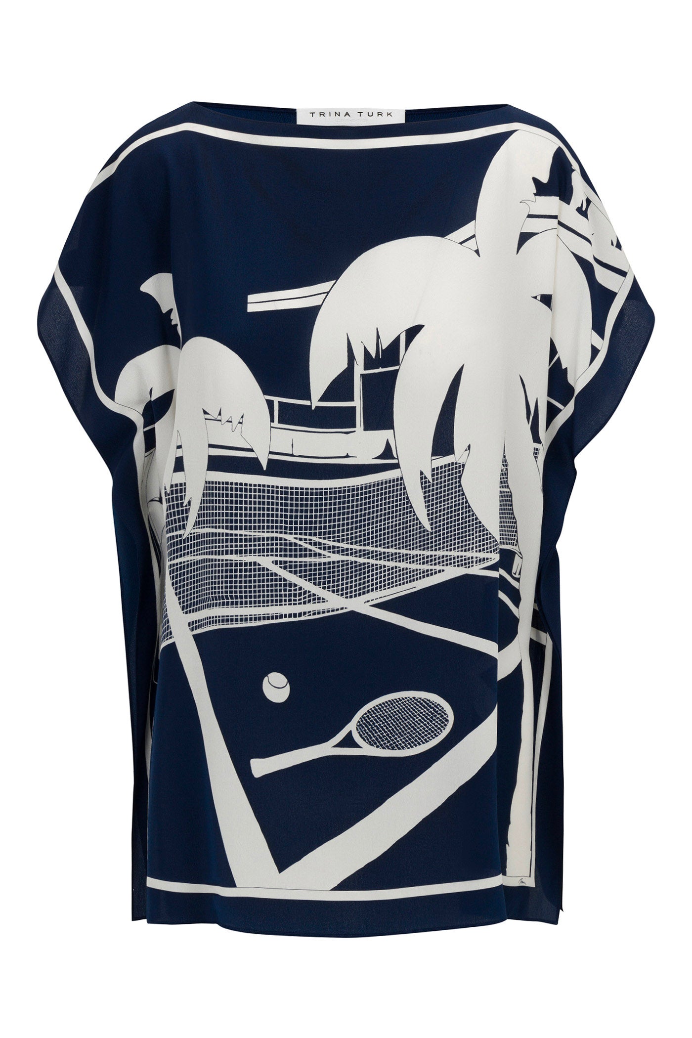 The Rina Split-Sleeve Top - Tennis Scarf Silk is a navy blouse with a white palm tree and tennis court graphic, featuring a loose, boxy fit and a round neckline.