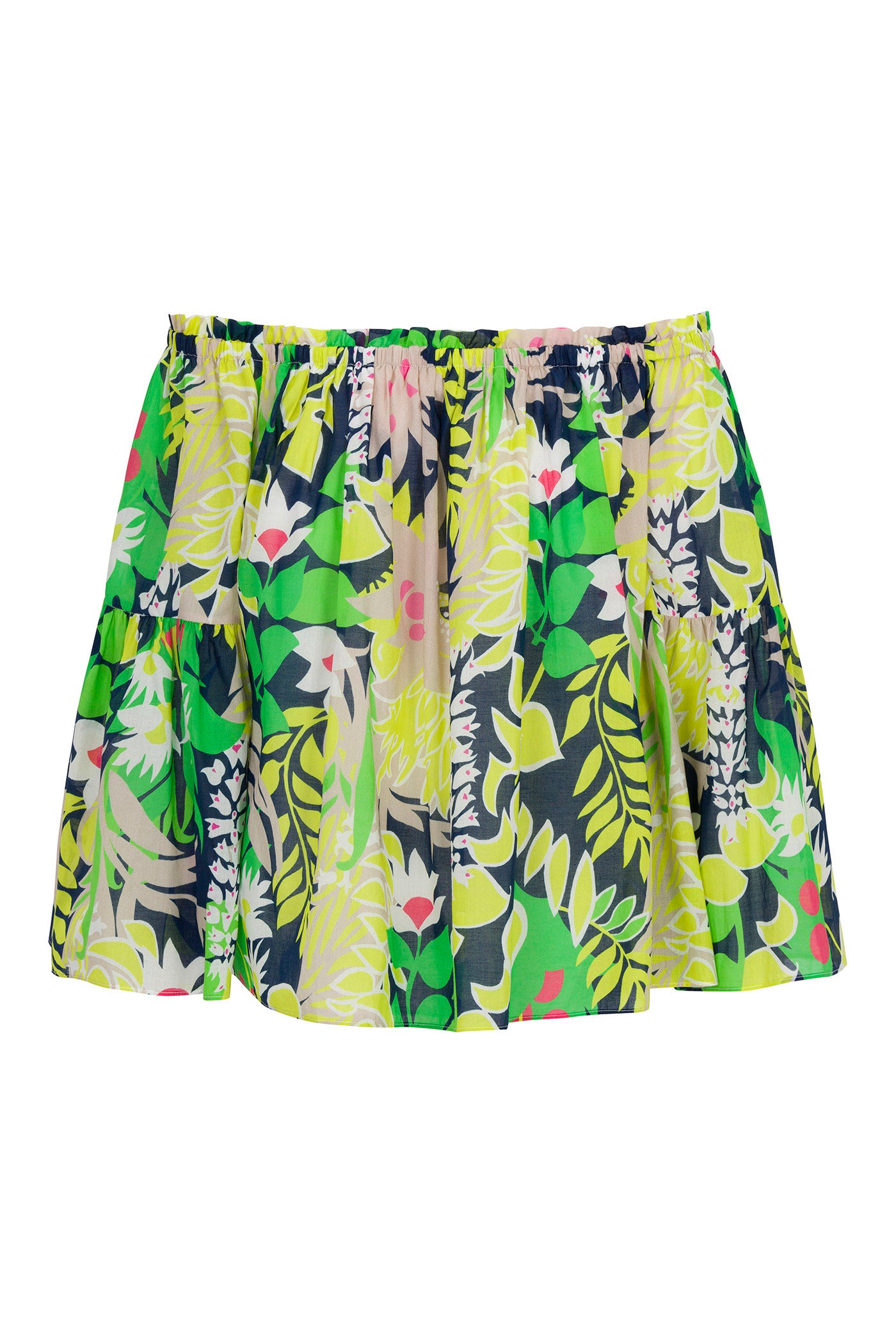 The Perry Off-Shoulder Top - PS Eternal features a short, flared silhouette with a vibrant tropical floral print in green, yellow, pink, and white tones, an elastic waistband, and lightweight fabric.