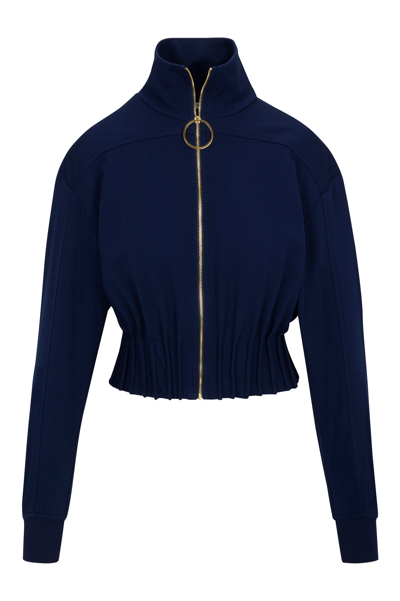 The Outrun Jacket - Cozy Ponte is a navy long-sleeve cropped jacket with a high collar, gold zipper with large round pull, and an elasticated gathered waist for a fitted look.