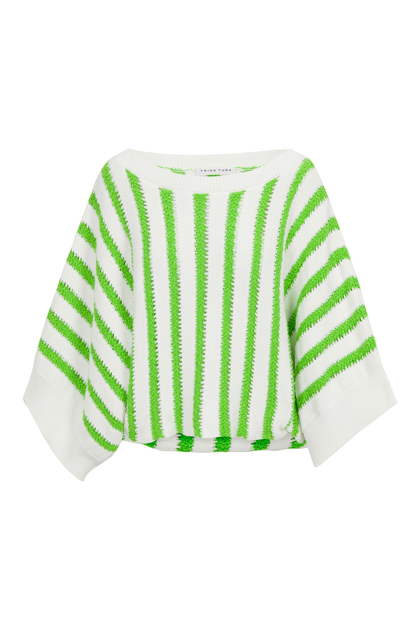 The Horizon 3/4-Sleeve Striped Boatneck Pullover is a cropped sweater with wide sleeves, horizontal lime green and white stripes, a loose fit, and a boat neckline.