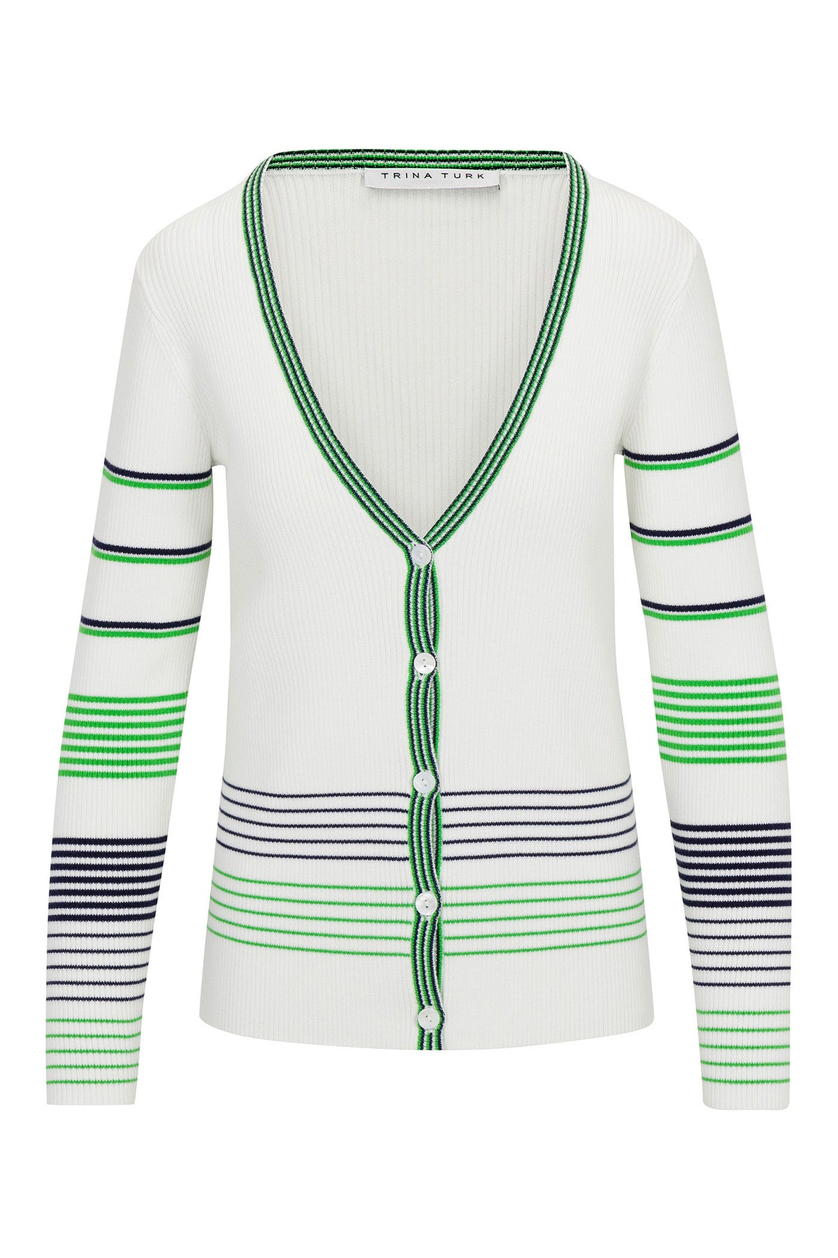 The Leylah V-Neck Striped Cardigan features a white ribbed knit with green, navy, and light green horizontal stripes on the sleeves and hem, a deep V-neckline, button front, and green-striped trim at the neck, front placket, and cuffs.